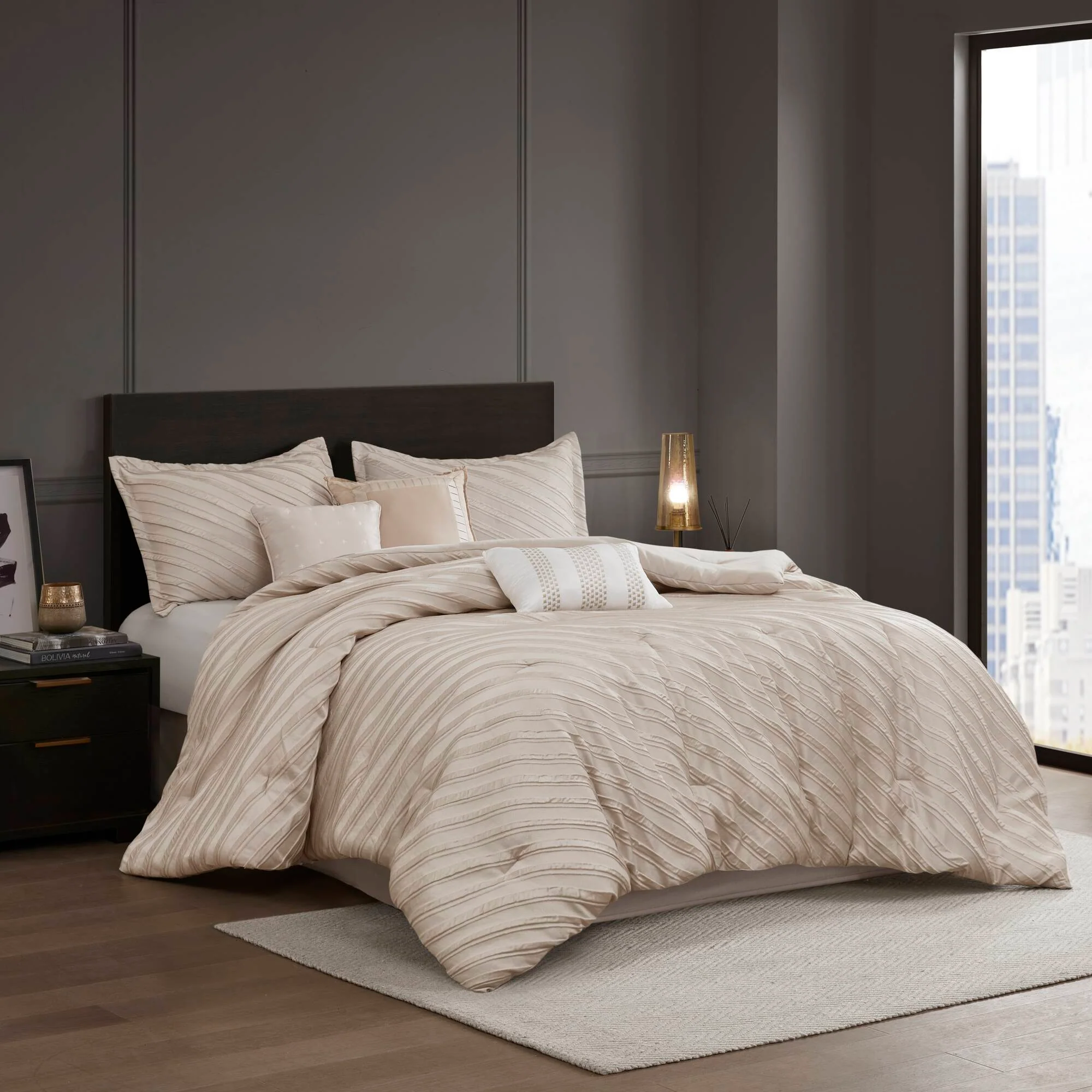 Riva - 7 Piece Queen Comforter Set - Beige