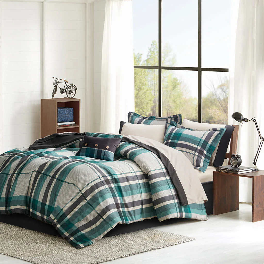 Robbie - 7 Piece Twin Long Plaid Comforter Set With Bed Sheets - Teal / Black