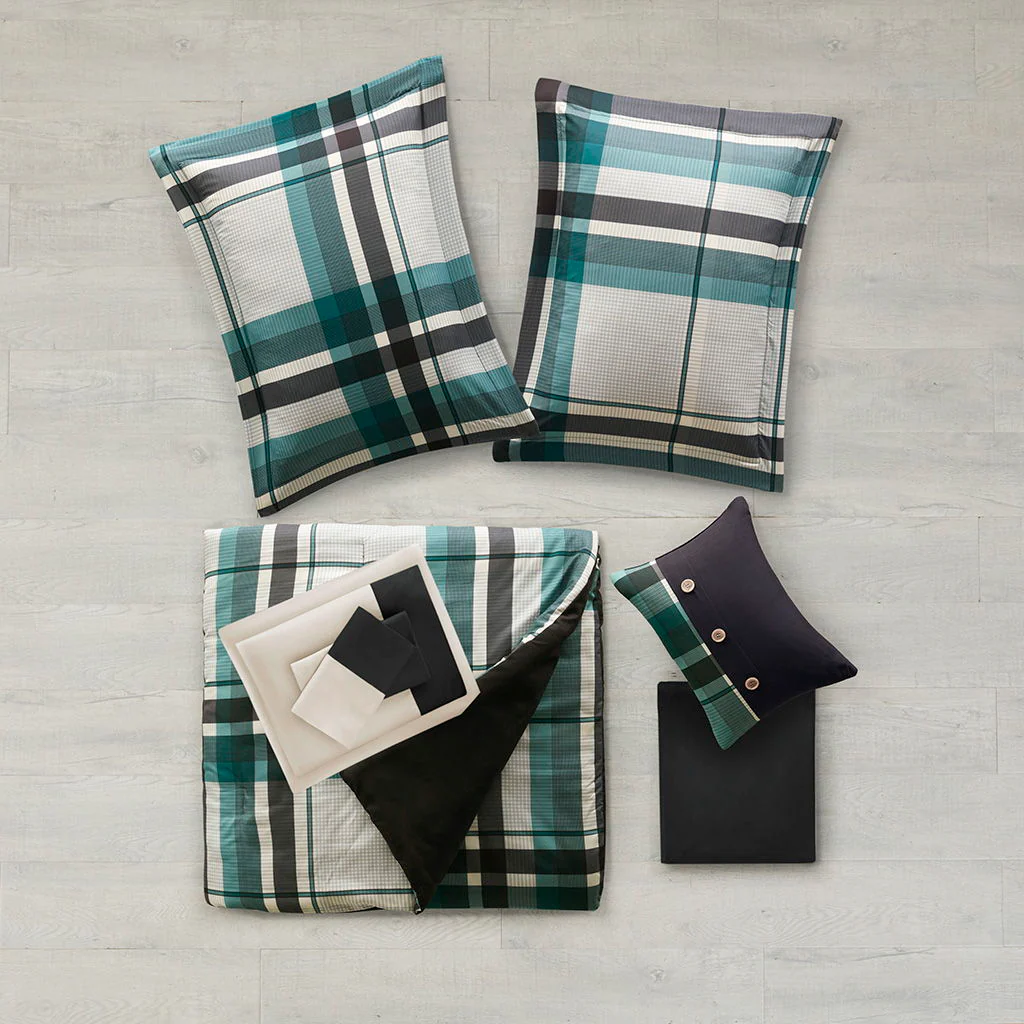 Robbie - 7 Piece Twin Plaid Comforter Set With Bed Sheets - Teal / Black - Image 3