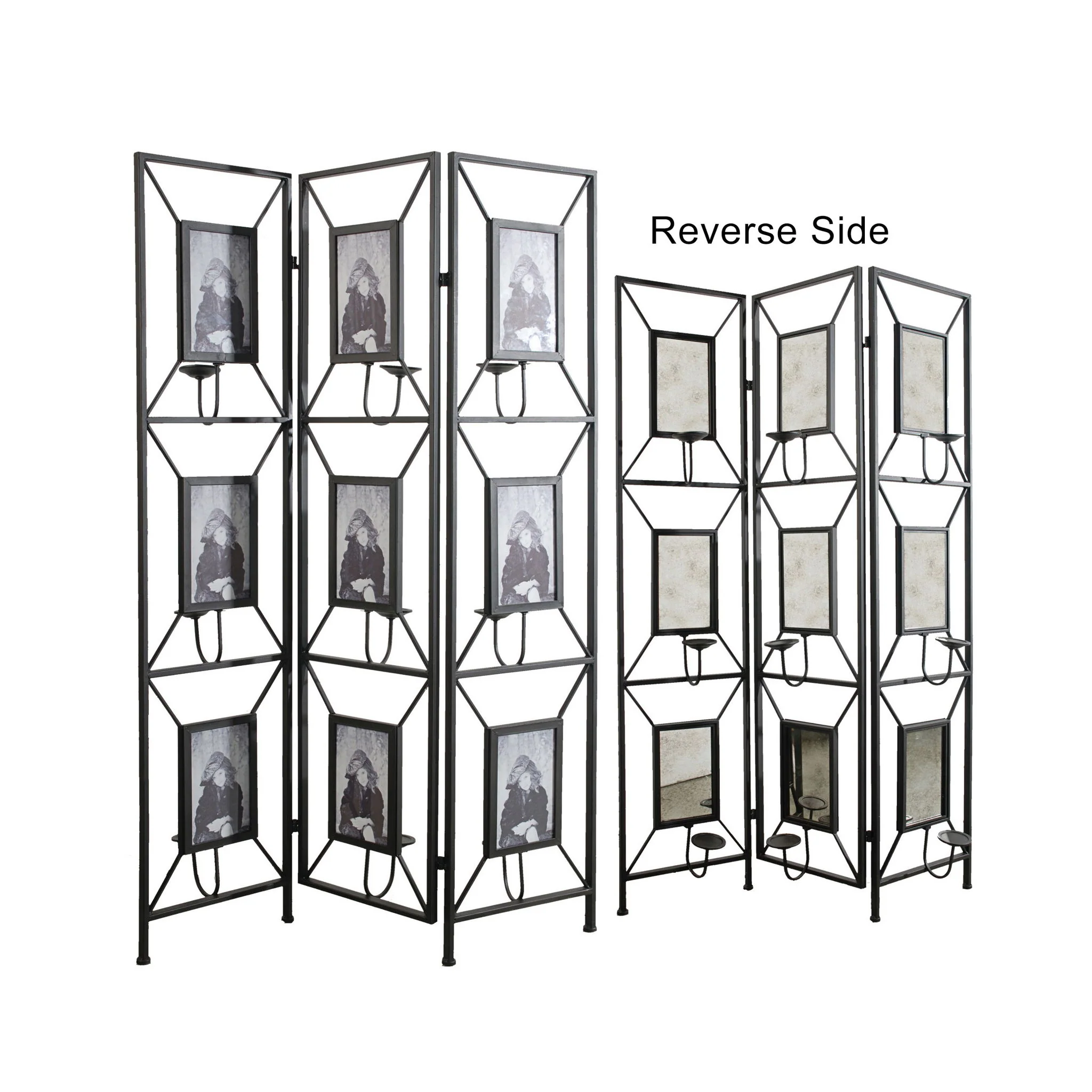 Room Photo Frames Screen Divider Screens, 3 Panel Decorative Screen With Photo Frames, Antique Mirror, Candle Stick - Black - Image 4