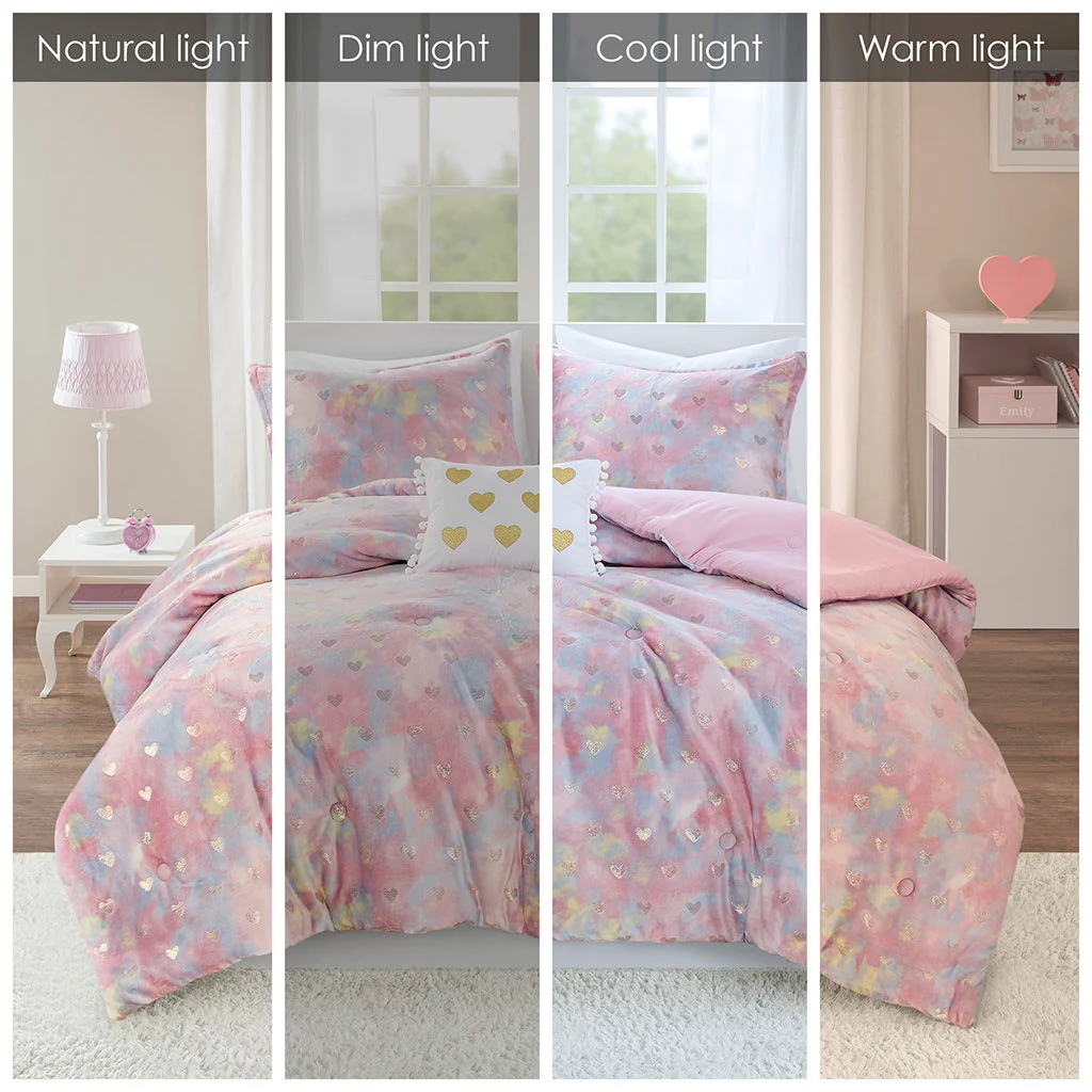 Rosalie - 3 Piece Twin/Twin Long Metallic Printed Plush Comforter Set With Throw Pillow - Pink Multi/Gold - Image 2