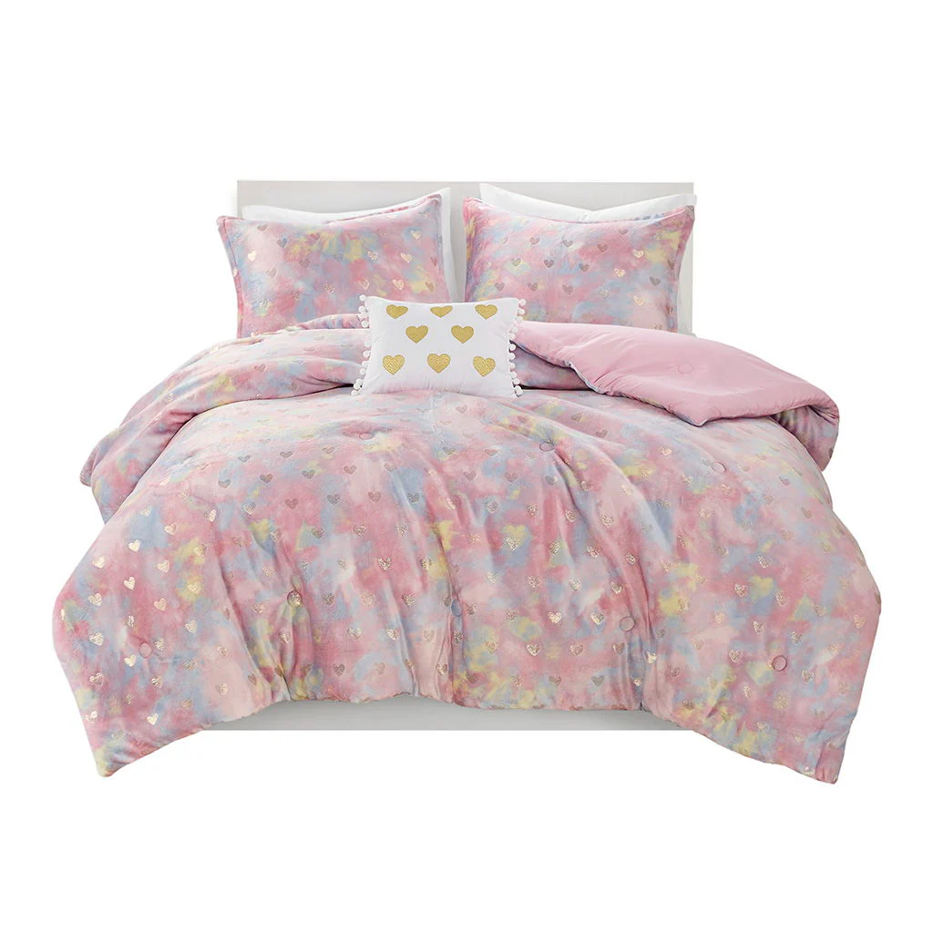 Rosalie - 3 Piece Twin/Twin Long Metallic Printed Plush Comforter Set With Throw Pillow - Pink Multi/Gold - Image 3