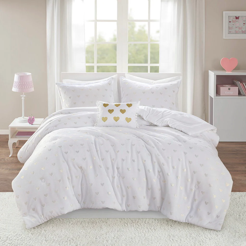 Rosalie - 4 Piece Full/Queen Metallic Printed Plush Comforter Set With Throw Pillow - White/Gold