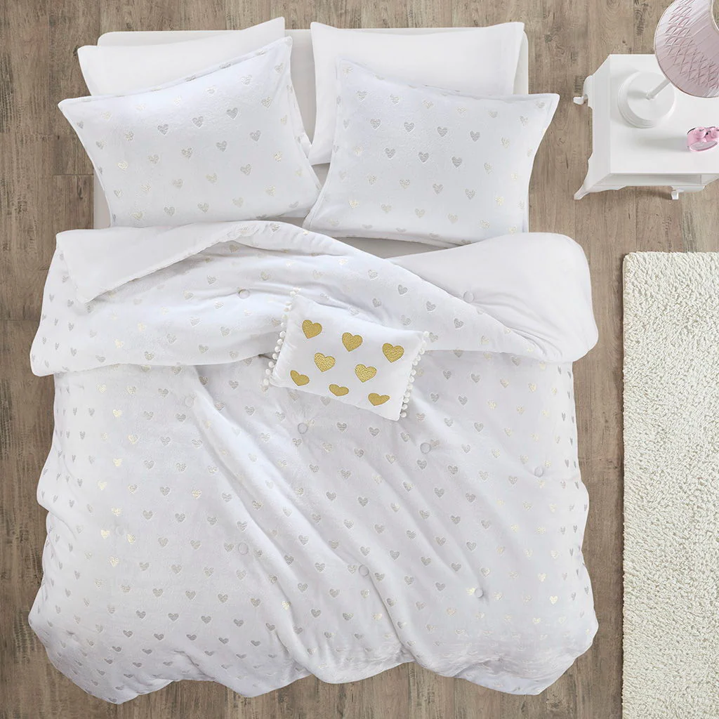 Rosalie - 4 Piece Full/Queen Metallic Printed Plush Comforter Set With Throw Pillow - White/Gold - Image 4