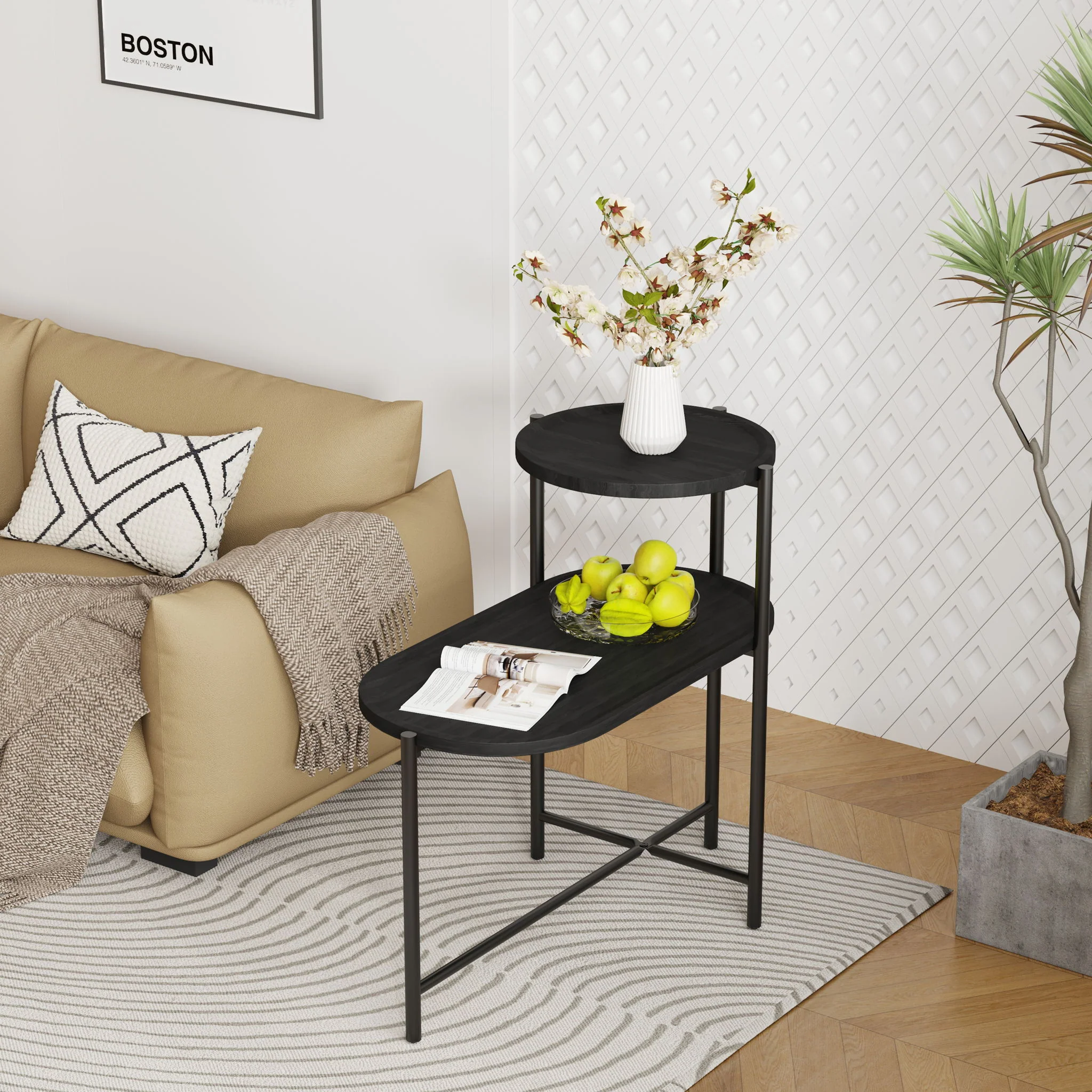 Round Coffee Table With Storage Tray 2 Tier Oval End Tables Wooden Small Side Table For Living Room - Image 3
