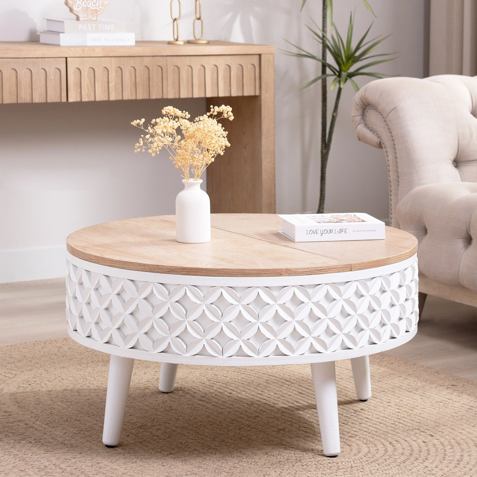 Round Coffee Table With Storage - White / Light Oak - Image 3
