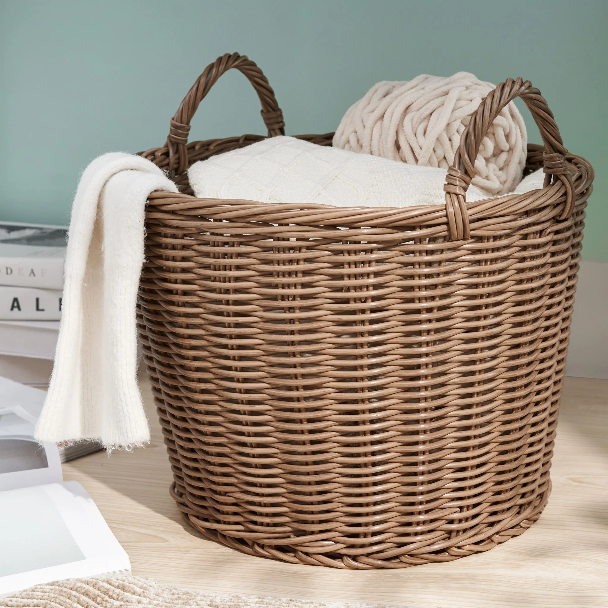 Round Cone Woven Resin Wicker Basket With Handles For Versatile Storage - Walnut Brown - Image 2