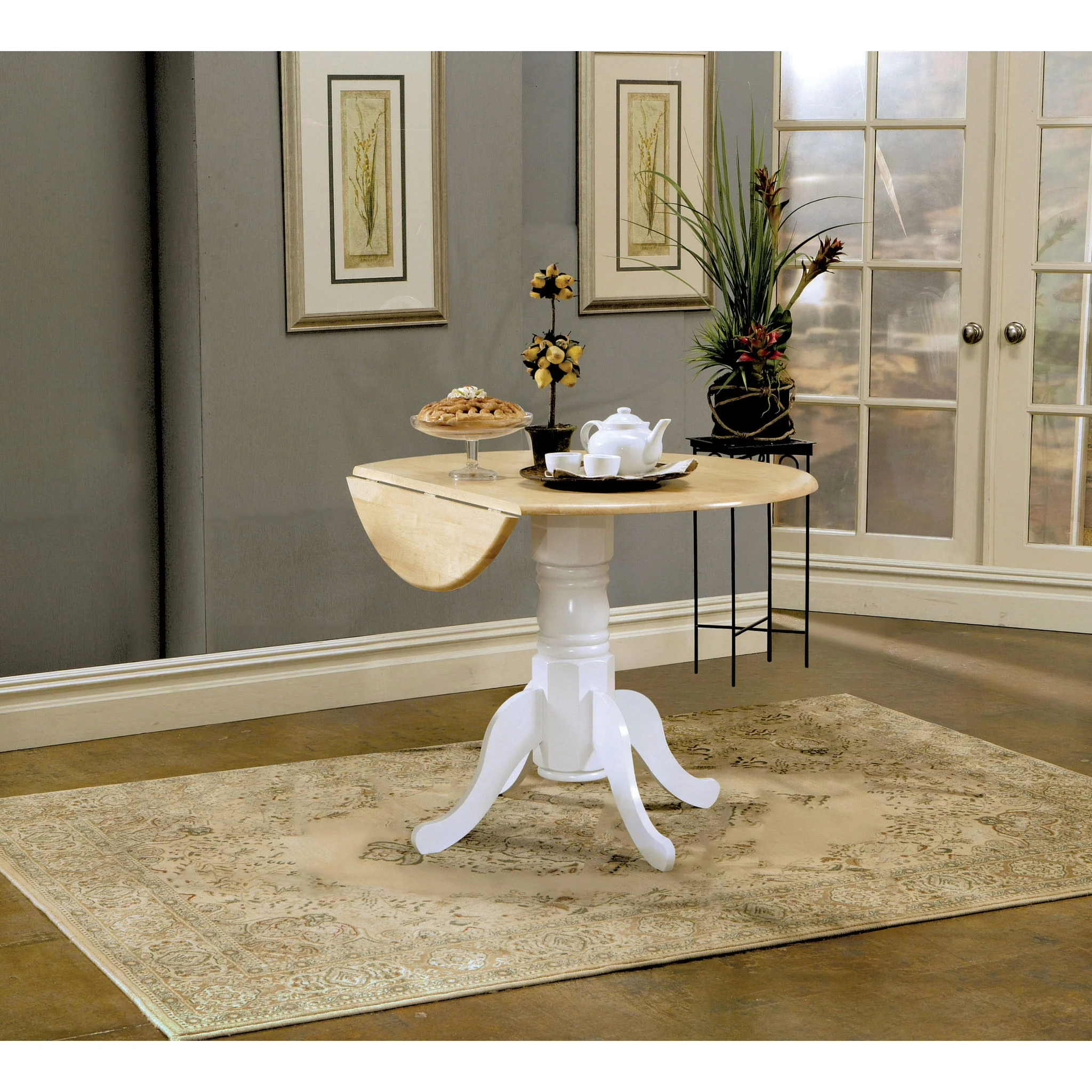 Round Dining Table With Drop Leaf Pedestal Base, Expandable Top - Natural - Image 2