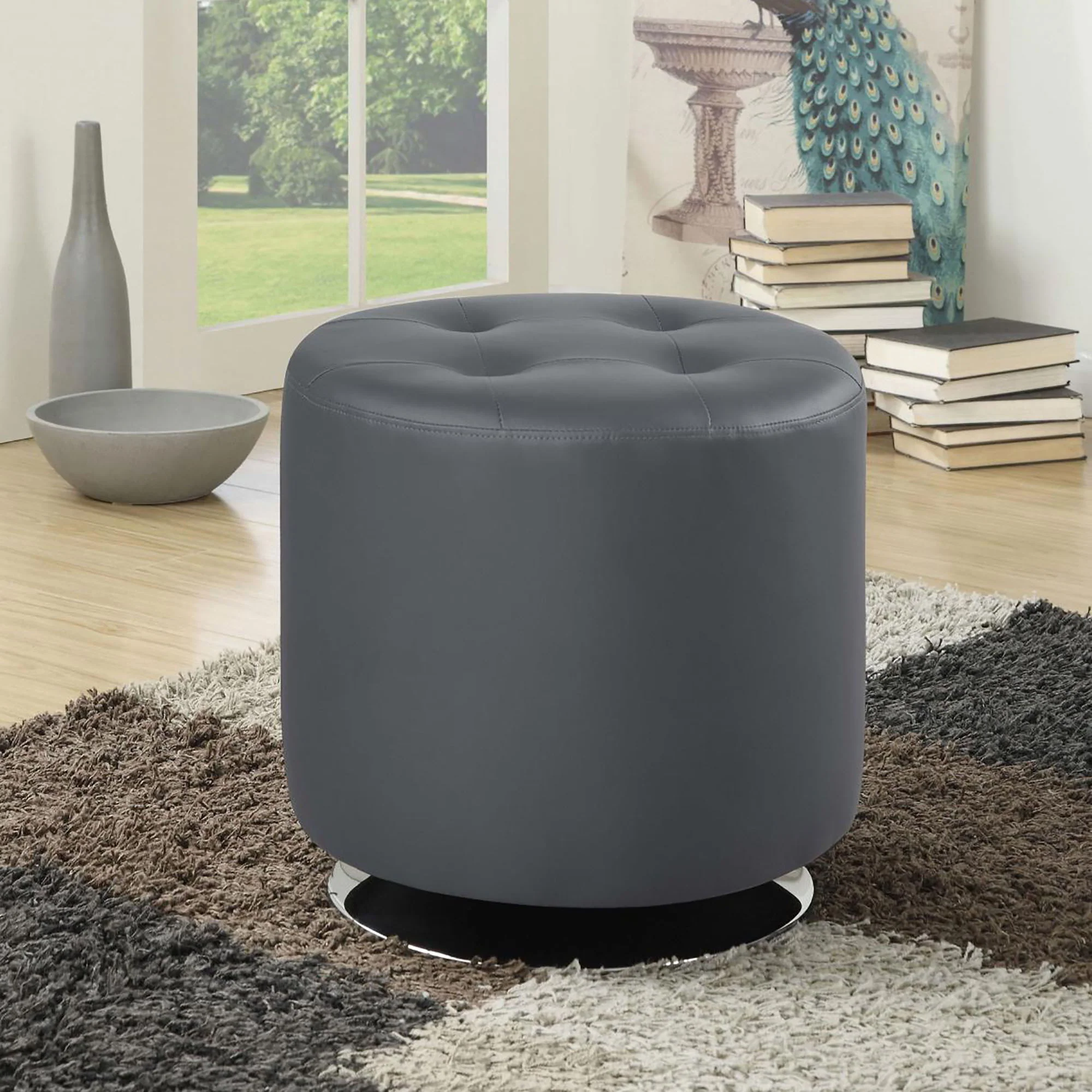 Round Ottoman With Tufted Upholstery Base - Gray - Image 3