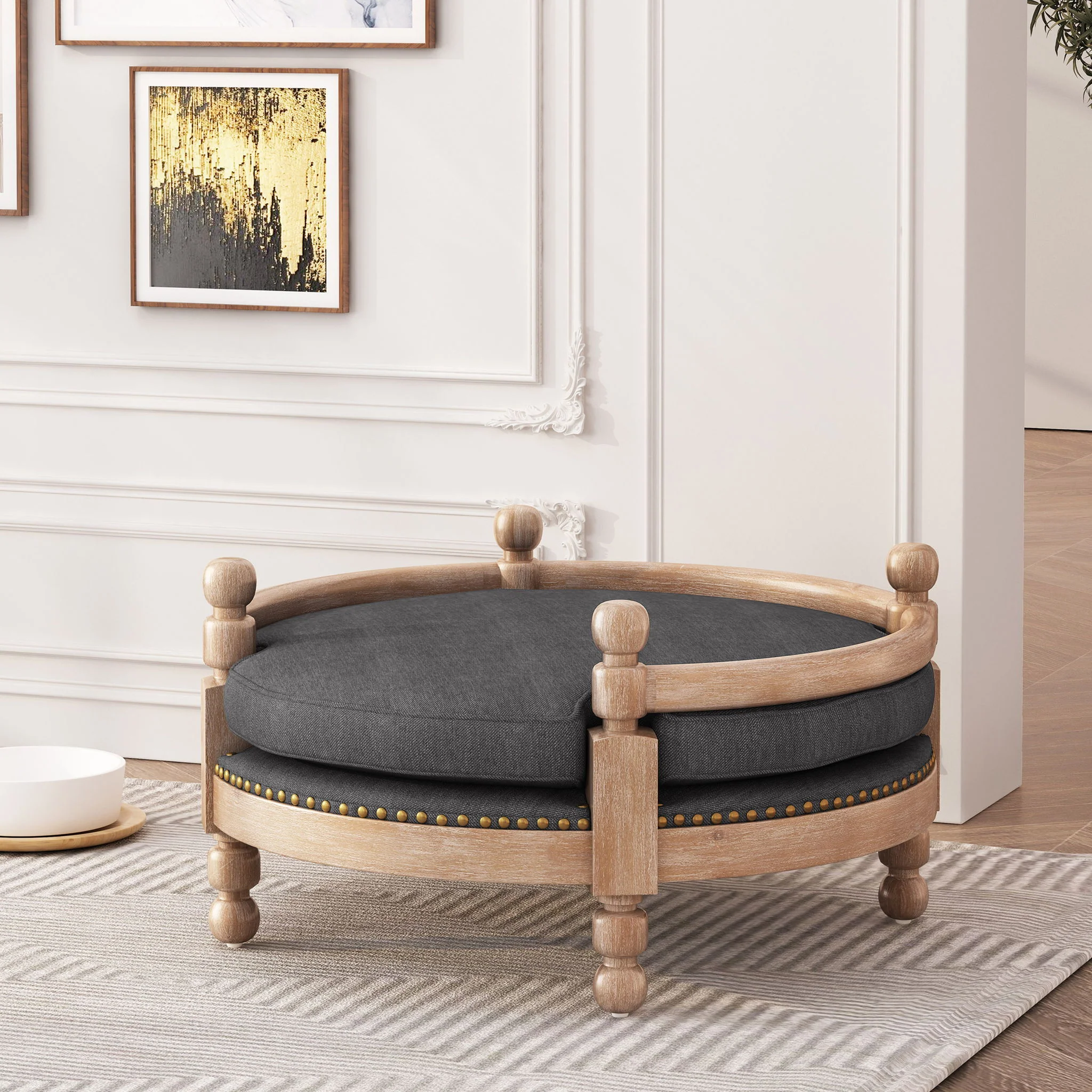 Round Pet Sofa, Wide Upholstered Pet Bed - Charcoal - Image 3