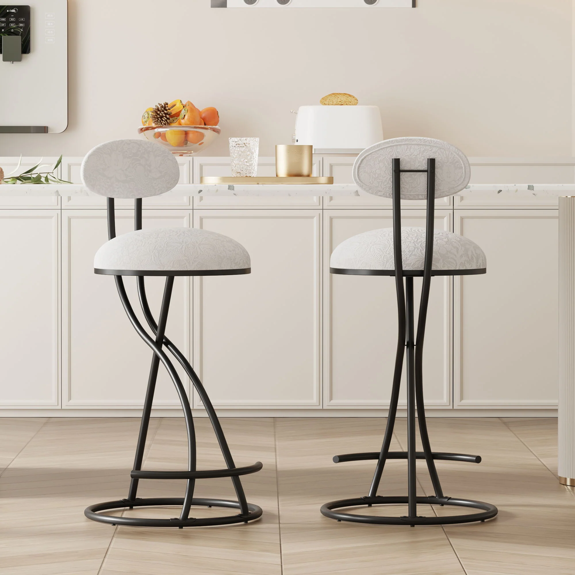 Round Print Bar Stools Upholstered Chairs For Kitchen (Set of 2) - Image 5