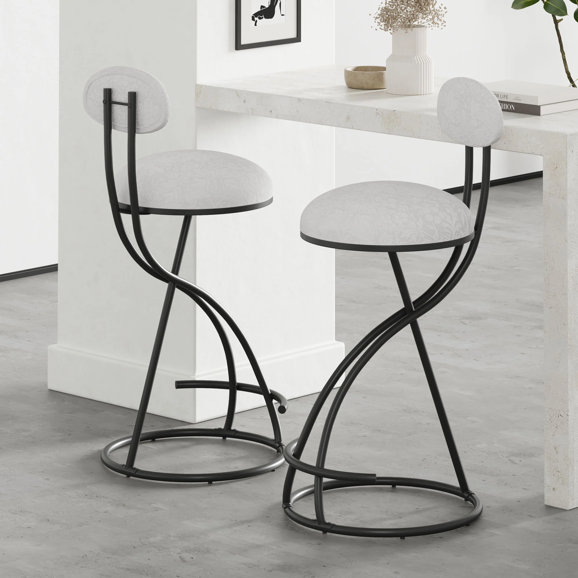 Round Print Bar Stools Upholstered Chairs For Kitchen (Set of 2) - Image 7