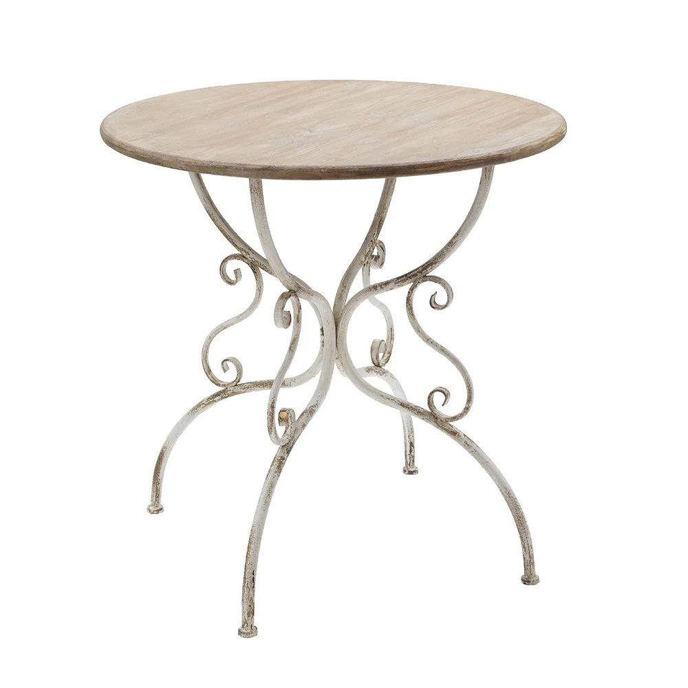 Round Wooden Table With Metal Scrollwork Legs - White Washed - Image 2