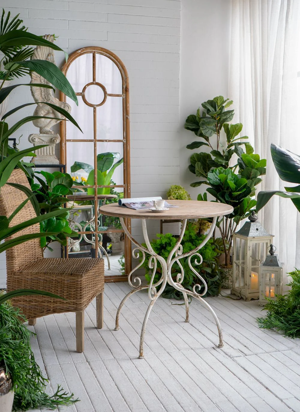 Round Wooden Table With Metal Scrollwork Legs - White Washed - Image 3