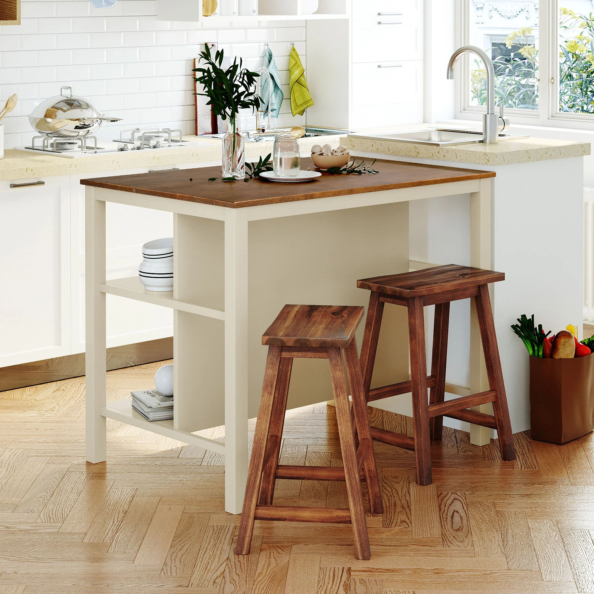 Rustic 3 Piece Stationary Kitchen Island Set With 2 Seatings, With 2 Open Shelves - Image 2