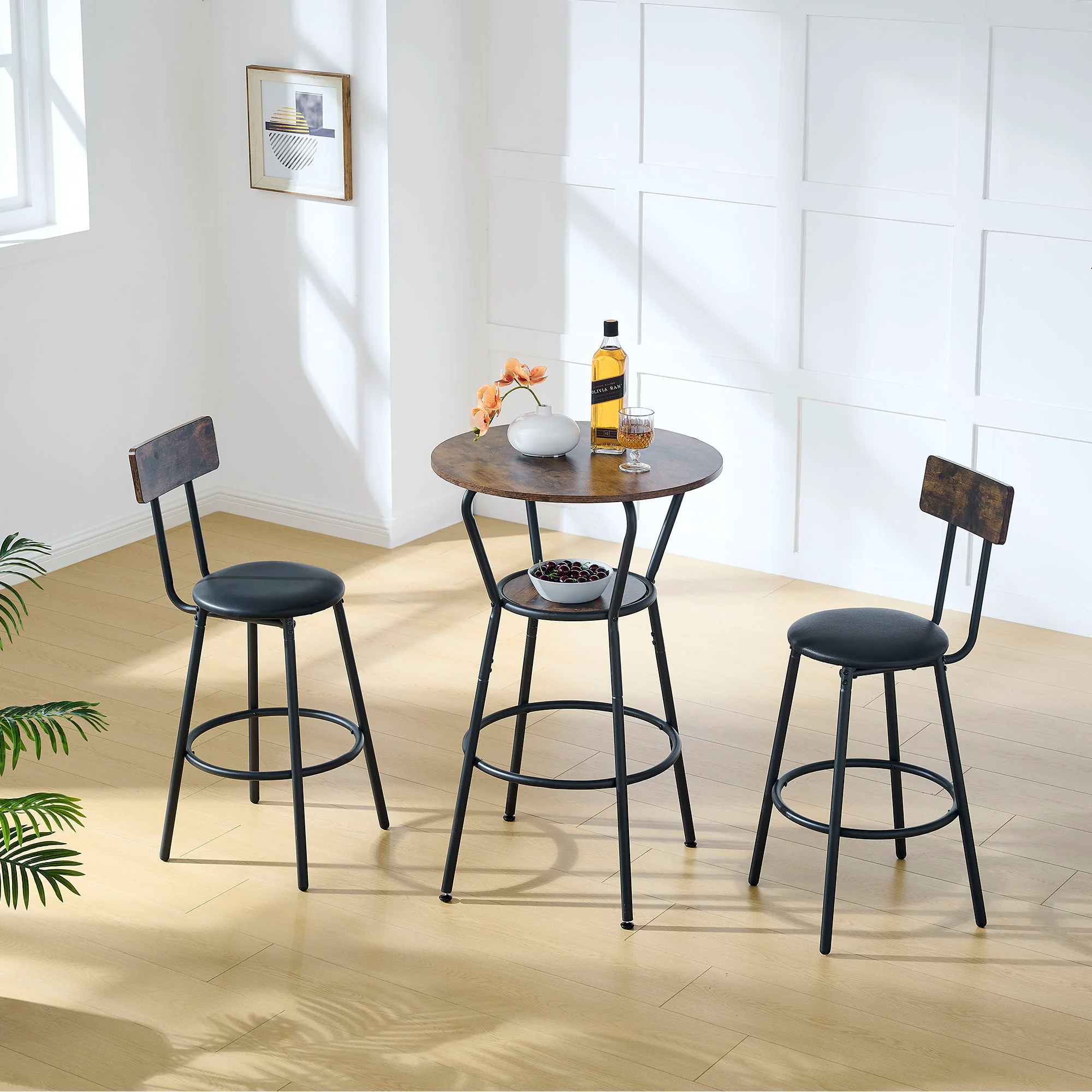 Rustic Brown Round Bar Table And Stool Set With Shelf, Upholstered Stool With Backrest - Antique Brown - Image 2