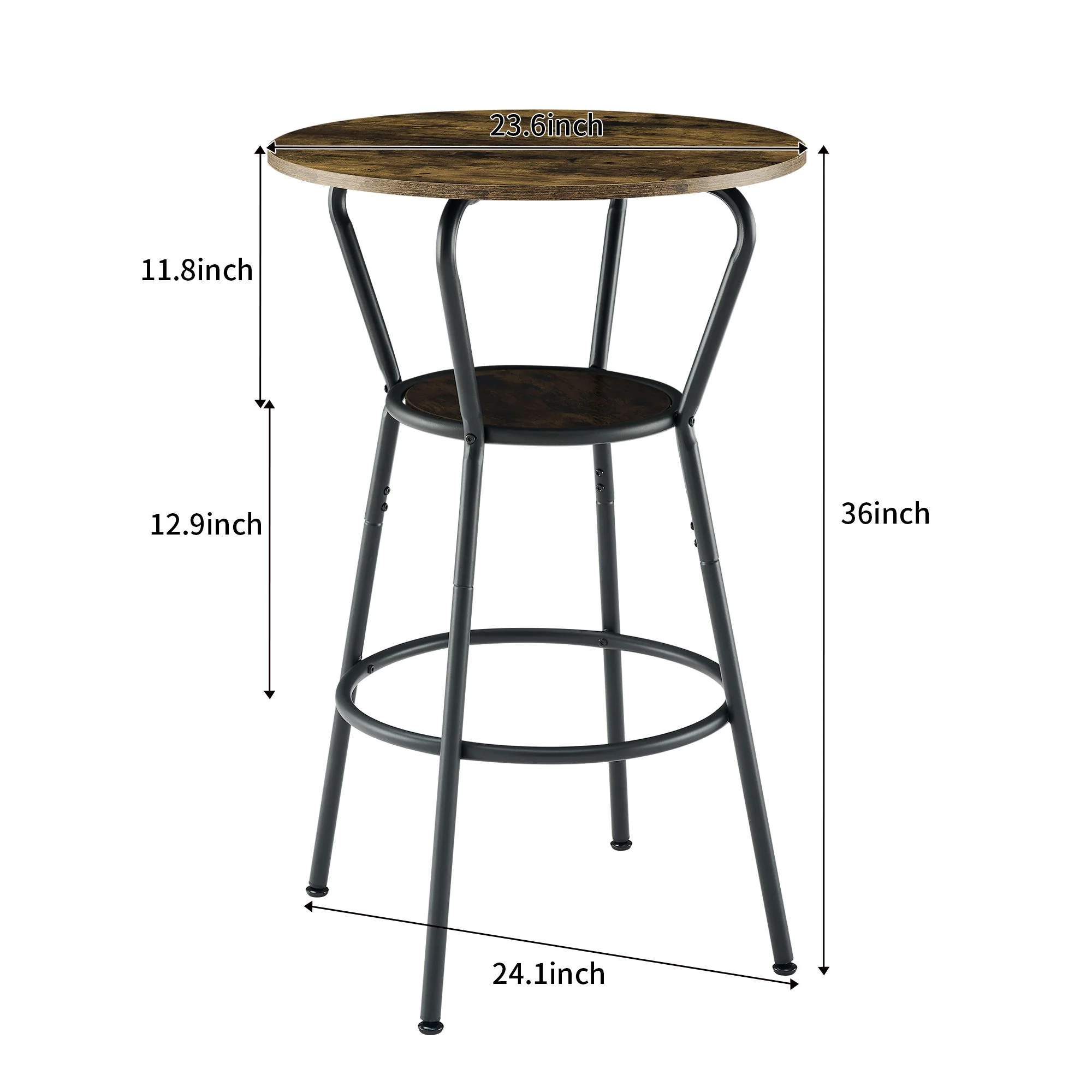 Rustic Brown Round Bar Table And Stool Set With Shelf, Upholstered Stool With Backrest - Antique Brown - Image 4