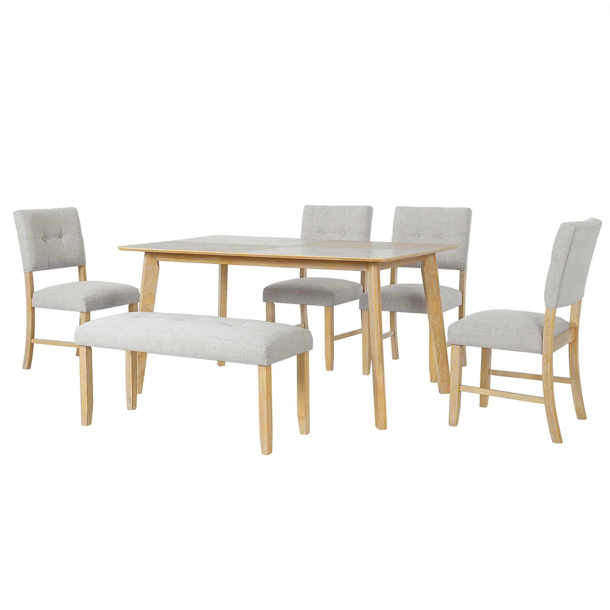 Rustic Farmhouse Dining Room Rectangular Table With 4 Upholstered Chairs And Bench