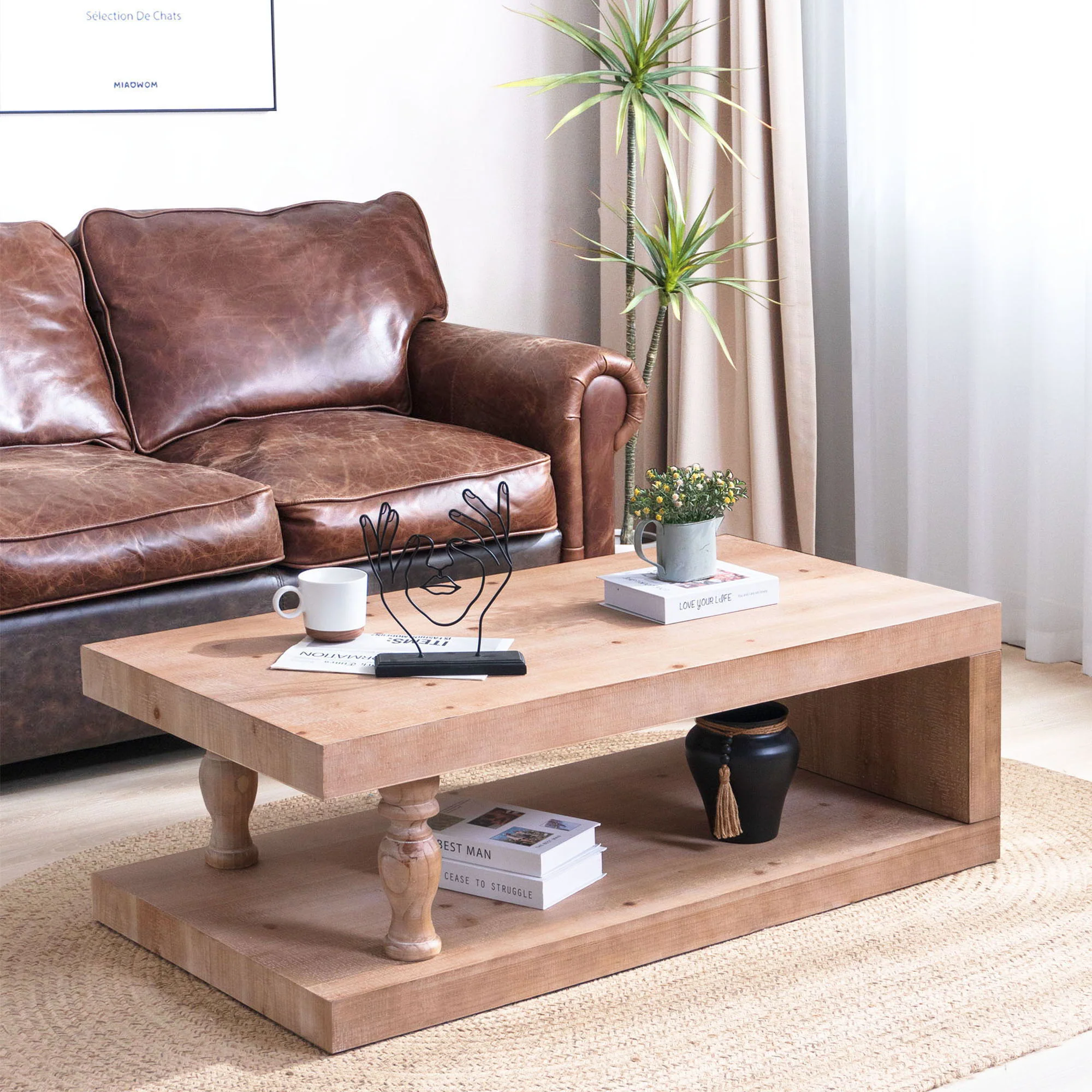 Rustic Solid Wood Coffee Table With Open Shelf, Modern Farmhouse Design - Light Natural / Natural - Image 4