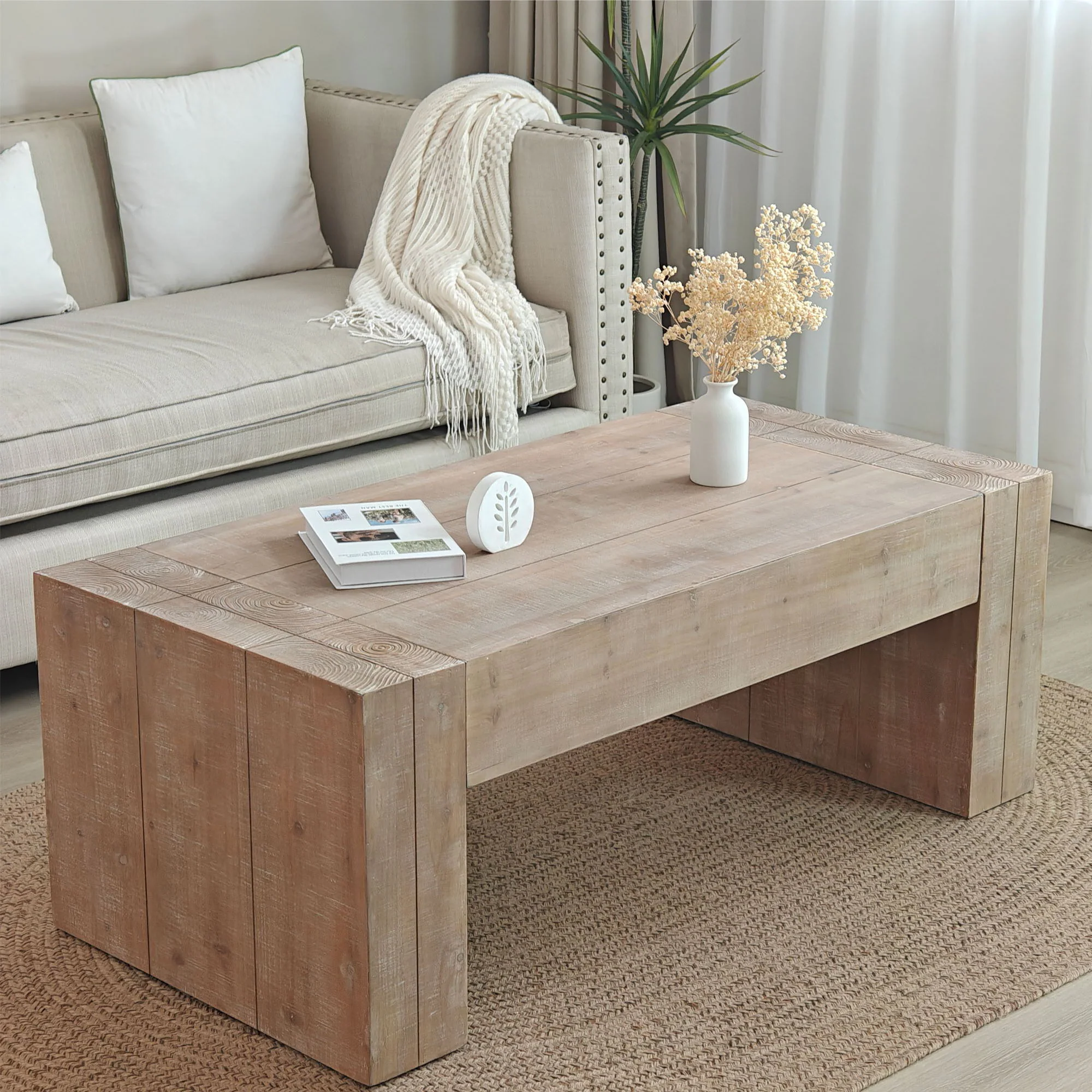 Rustic Wood Coffee Table Modern Farmhouse Rectangular Table For Living Room - Natural / Natural Multi / Natural Wood / Natural / Rustic - Image 4