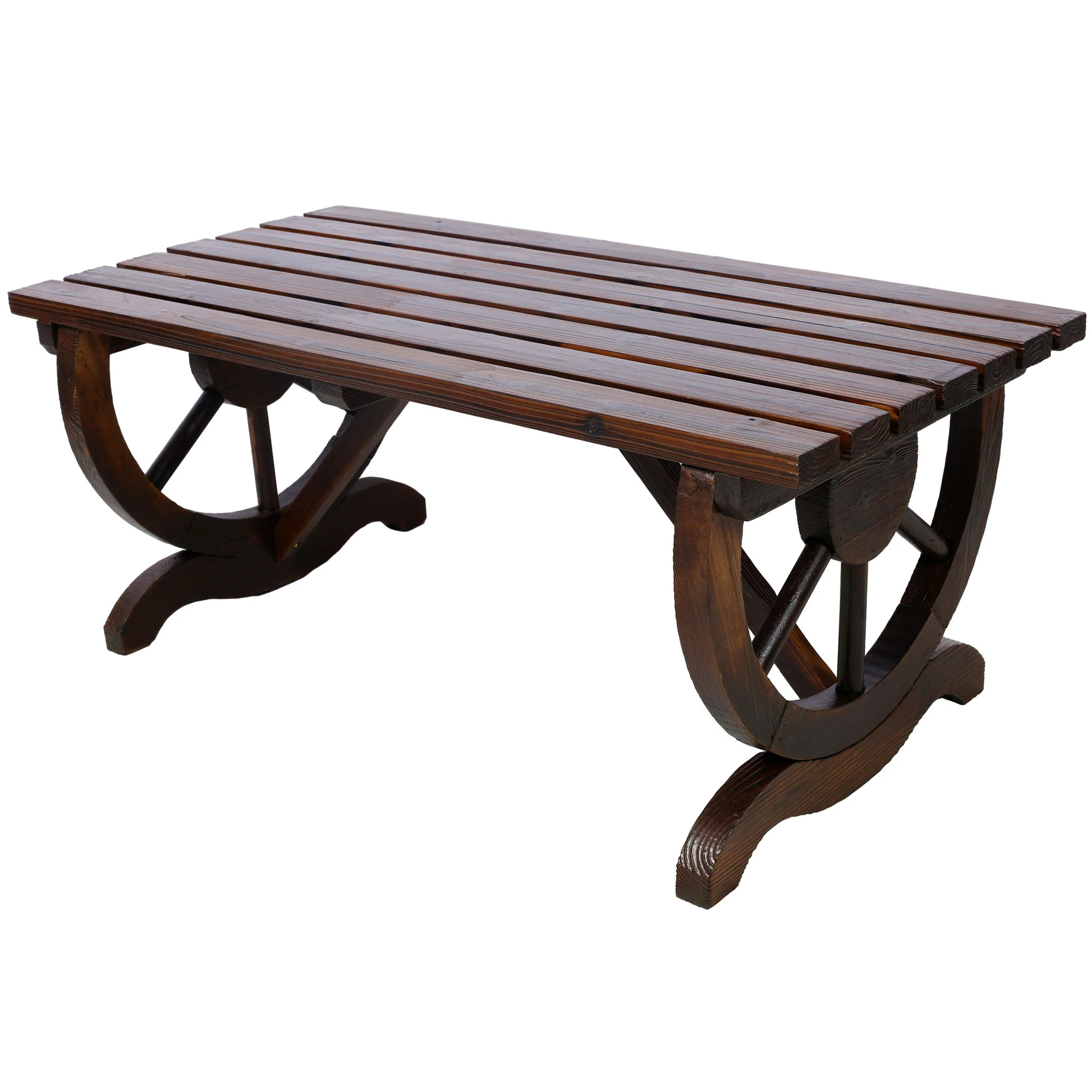 Rustic Wooden Bench With Wagon Wheel Legs For Garden And Patio - Brown - Image 4