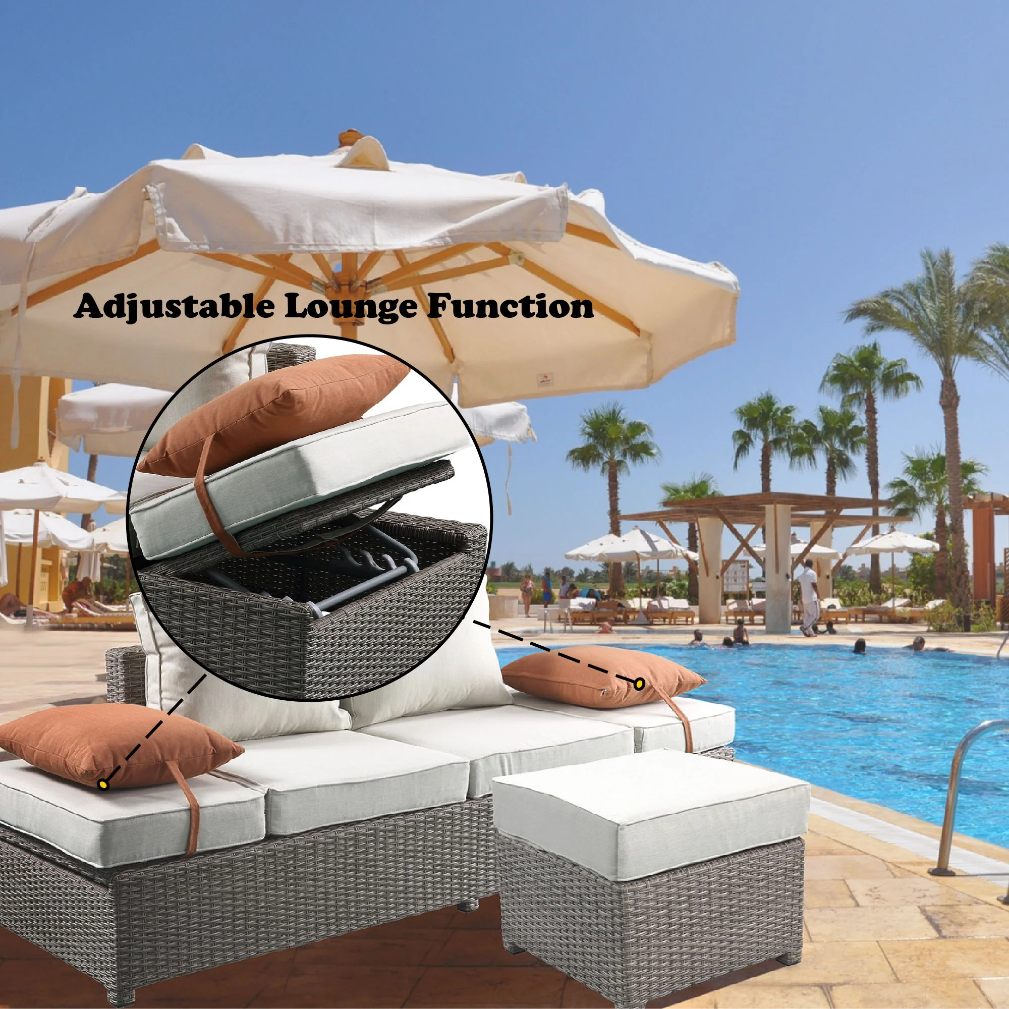Salena - All Weather Wicker Patio Sofa & Ottoman With 2 Toss Pillows - Beige / Gray - Image 4