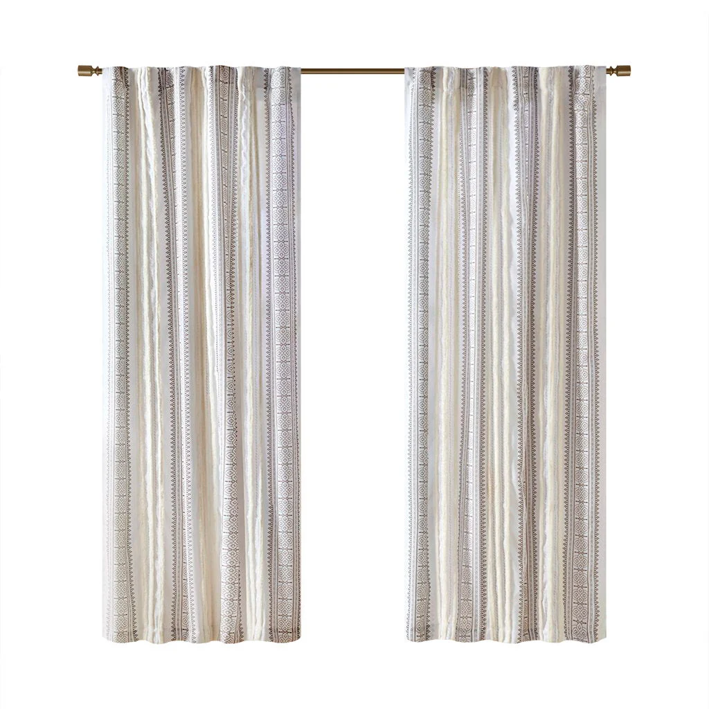 Samara - 50x84" Poly Printed Curtain Panel With Tufted Stripe And Lining - White / Brown - Image 2