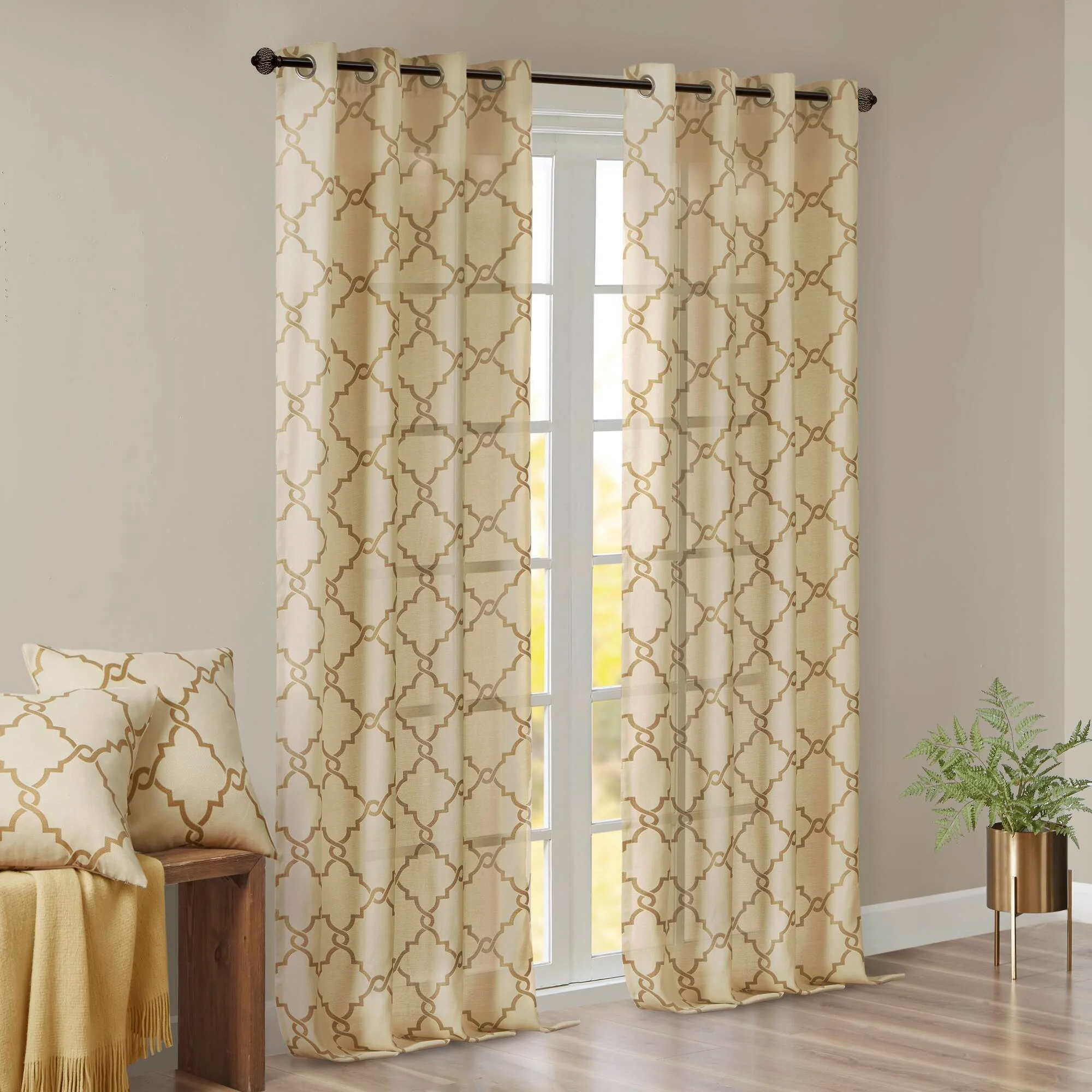 Saratoga - 108" Fretwork Print Grommet Top Window Curtain - Beige / Gold - Image 4