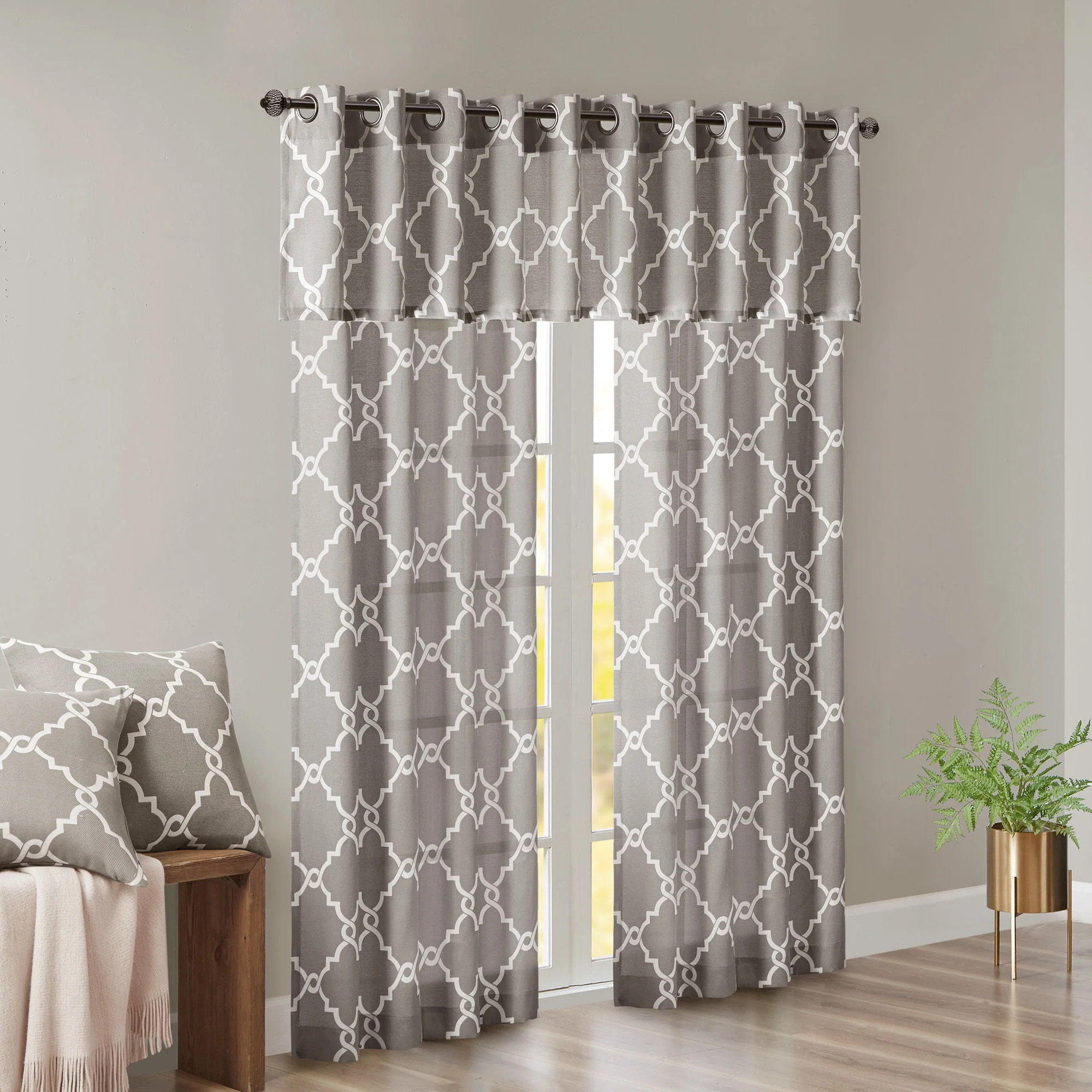 Saratoga - 95" Fretwork Print Grommet Top Window Curtain - Gray - Image 2