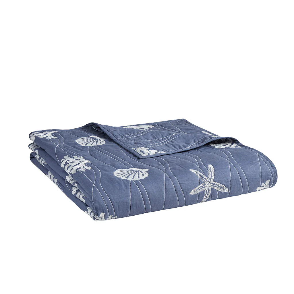 Seaside - 4 Piece Full Cotton Reversible Embroidered Quilt Set With Throw Pillow - Navy - Image 4