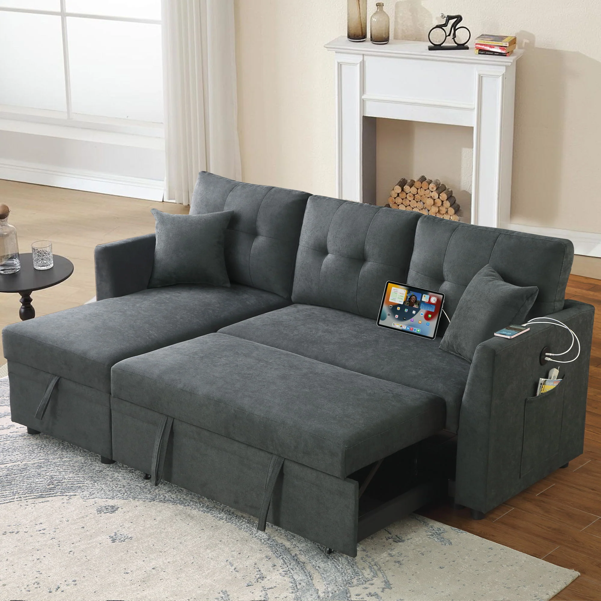 Sectional Sofa Bed L Shaped Sofa Couch Bed With USB Port, Reversible Chaise With Storage - Image 2