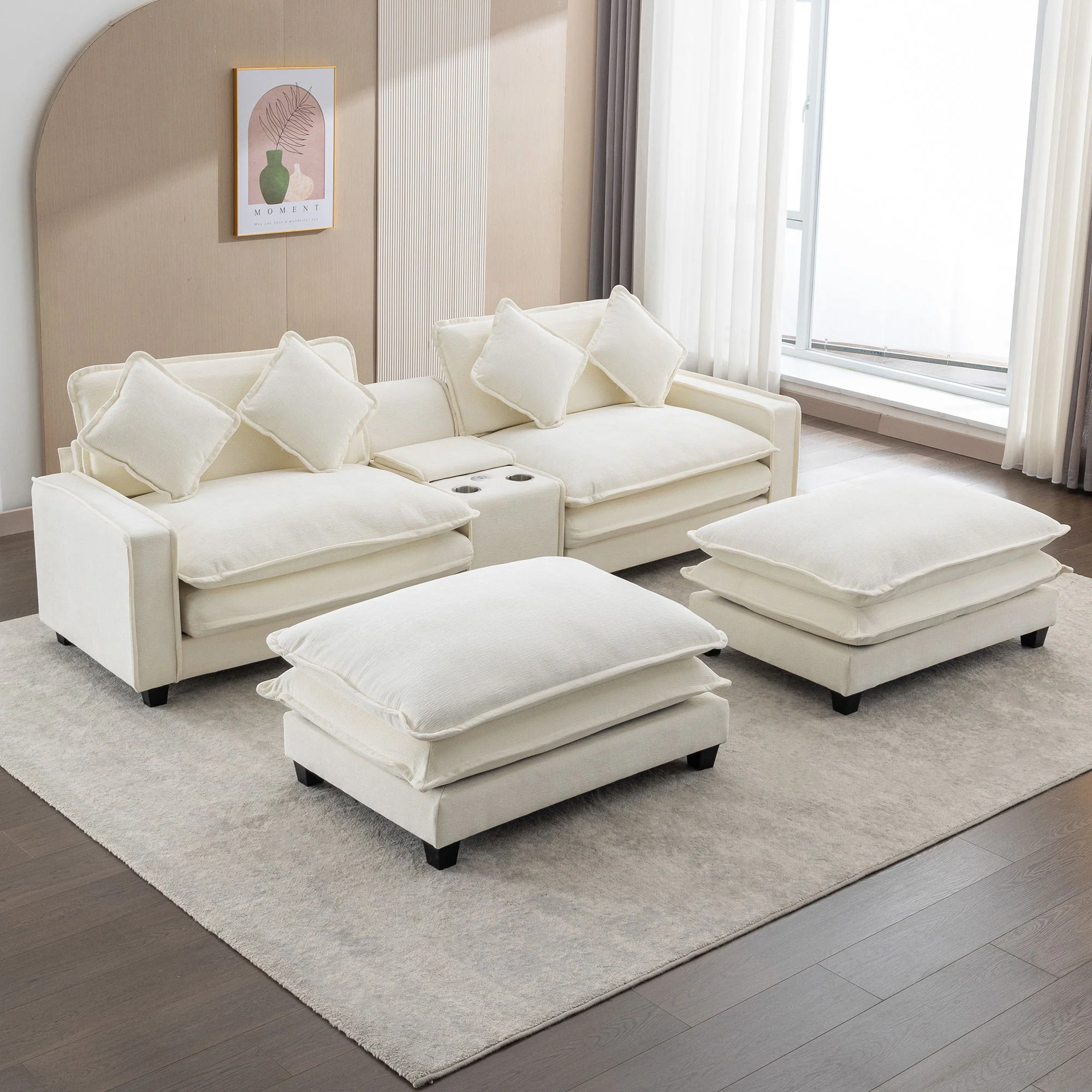 Sectional Sofa Upholstered Sofa With Two Removable Ottoman, Two USB Ports, Two Cup Holders And Large Storage Box For Living Room - Image 10