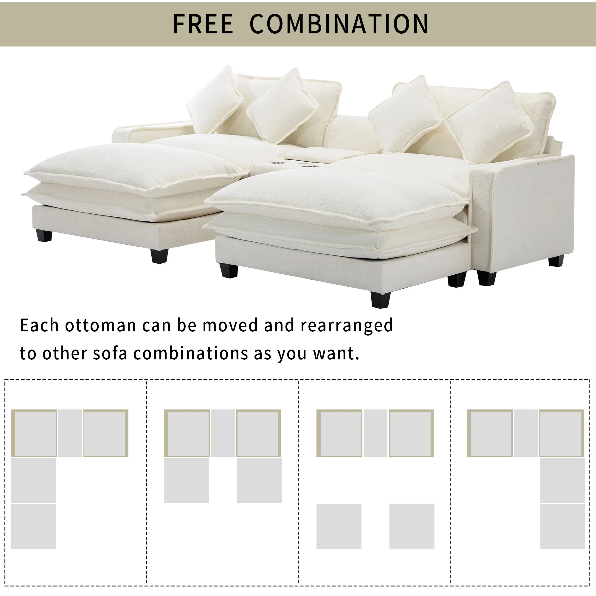 Sectional Sofa Upholstered Sofa With Two Removable Ottoman, Two USB Ports, Two Cup Holders And Large Storage Box For Living Room - Image 12