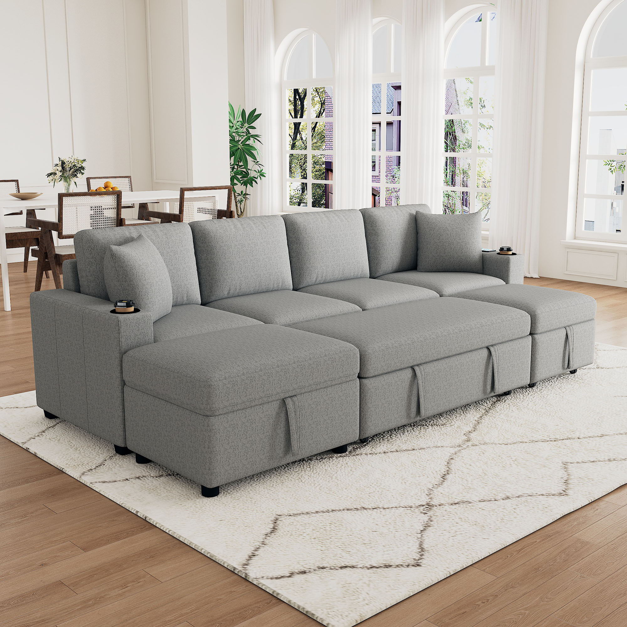 Sectional Sofa Convertible Pull-Out Bed With Storage Ottoman & USB Ports - Image 3