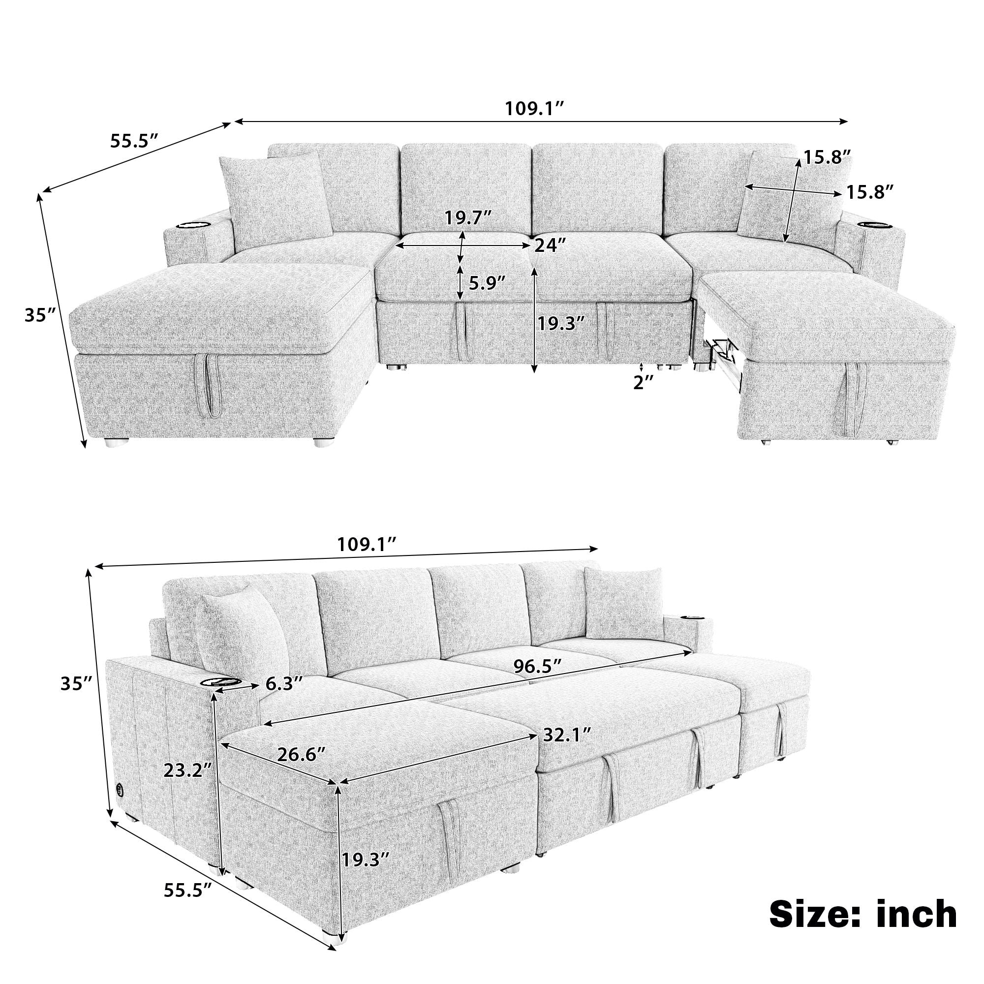 Sectional Sofa Convertible Pull-Out Bed With Storage Ottoman & USB Ports - Image 6