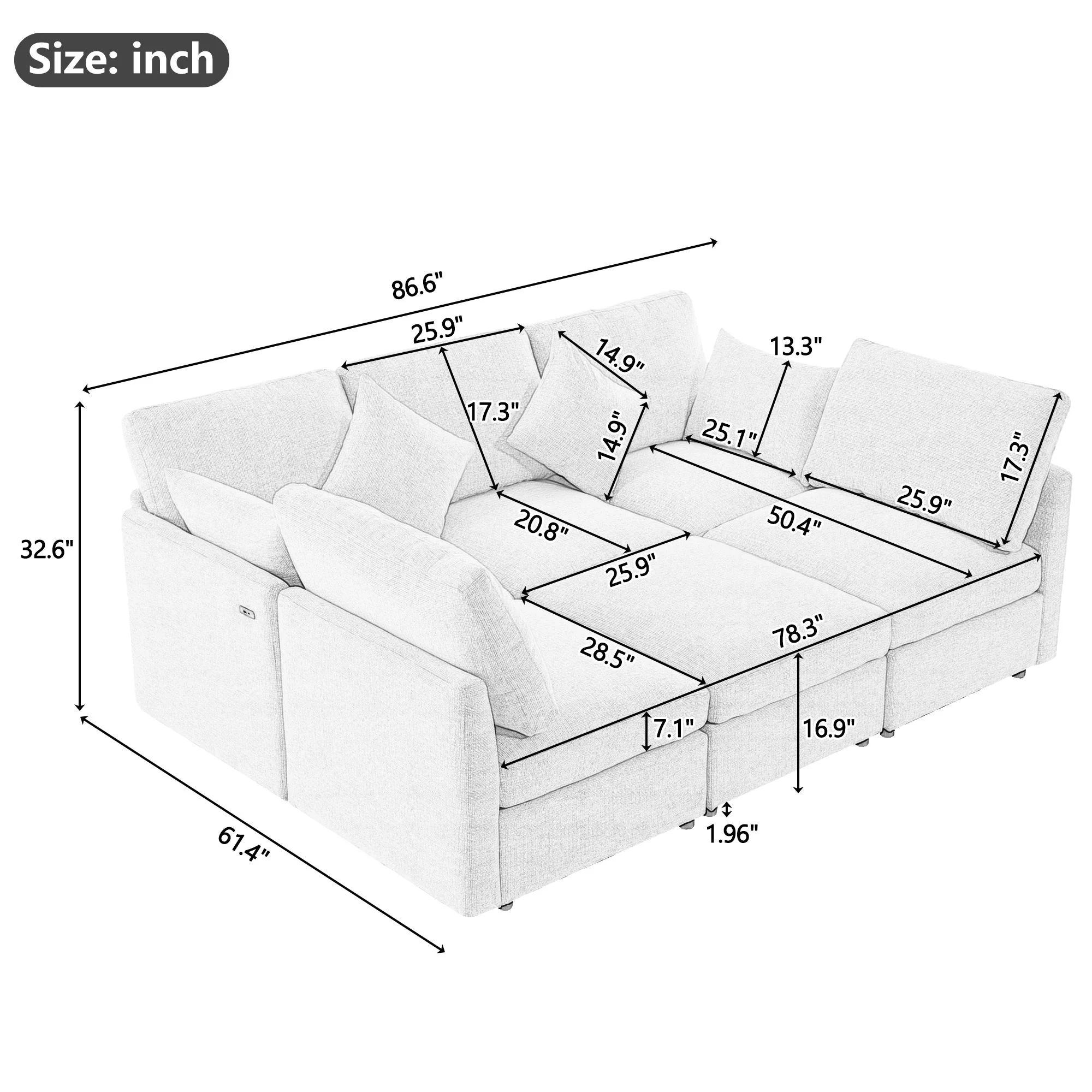 Sectional Sofa Modular U-Shaped With Ottoman & USB Ports - Image 10