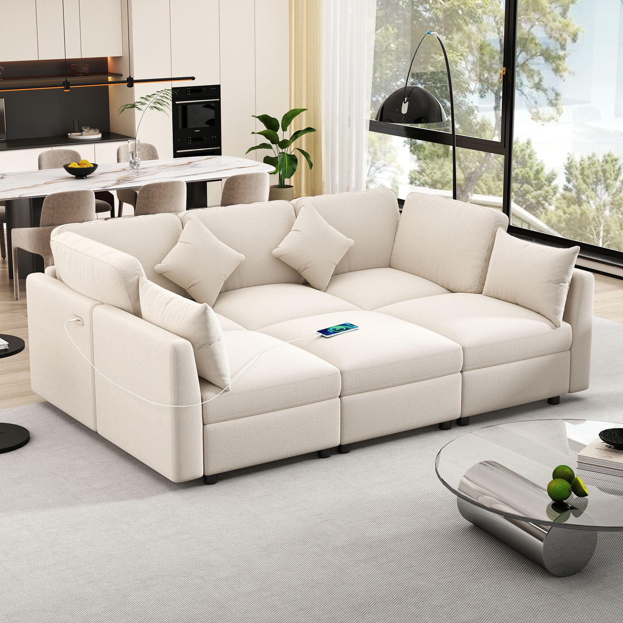 Sectional Sofa Modular U-Shaped With Ottoman & USB Ports - Image 6