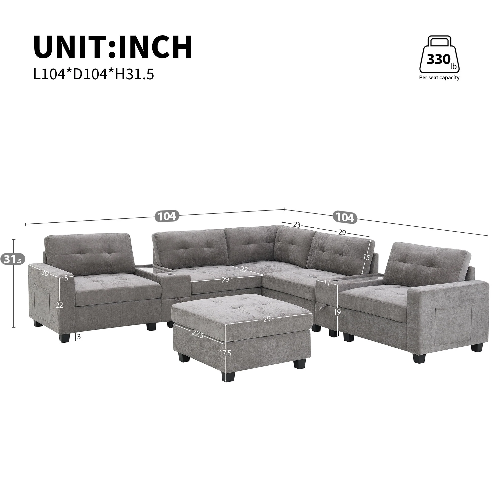 Sectional With Acrylic Table Top U Shaped Couch Set With 2 Consoles USB Charger, Storage Drawers And Pockets Movable Ottoman Tufted Sofa - Image 5