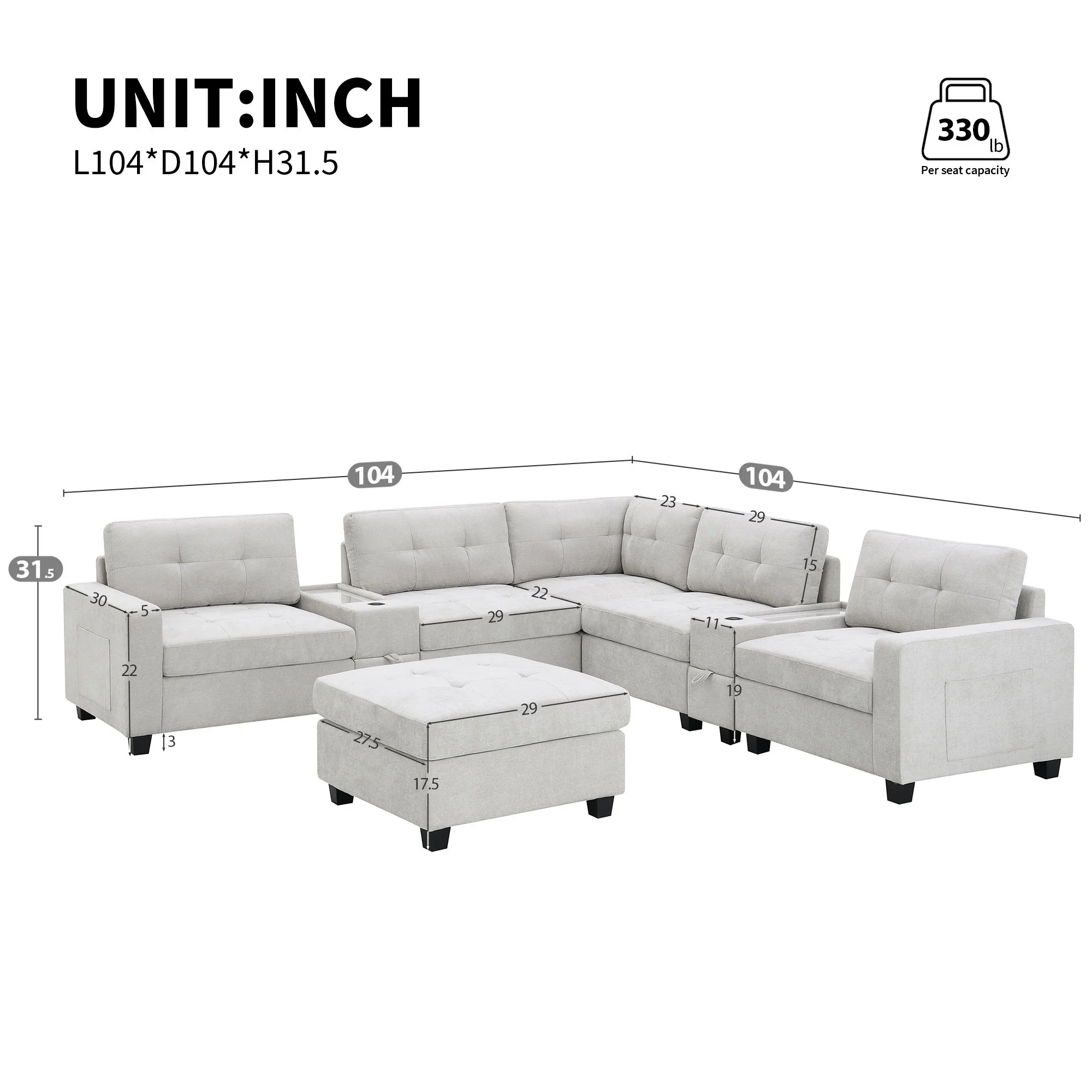 Sectional With Acrylic Table Top U Shaped Couch Set With 2 Consoles USB Charger, Storage Drawers And Pockets Movable Ottoman Tufted Sofa - Image 7