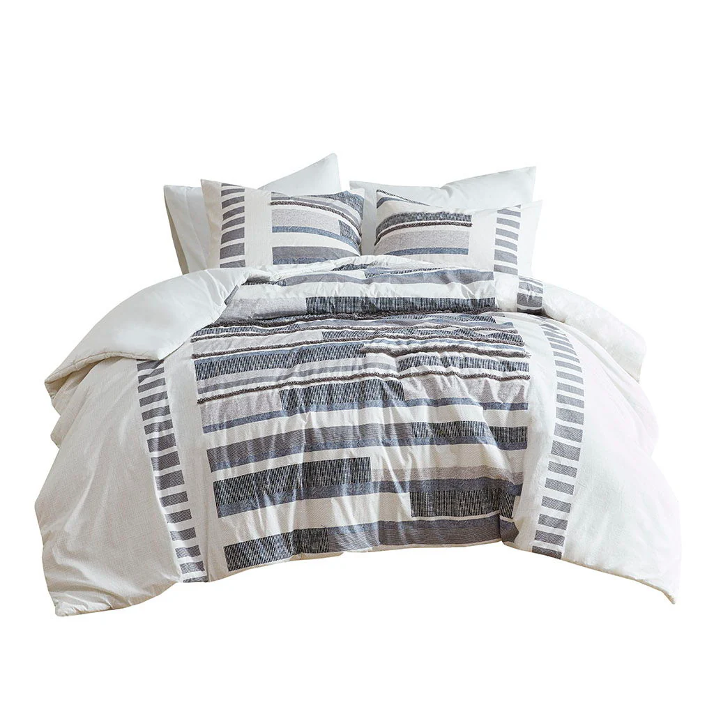 Serena - King 3 Piece Printed Duvet Cover Set With Trims - Navy - Image 2