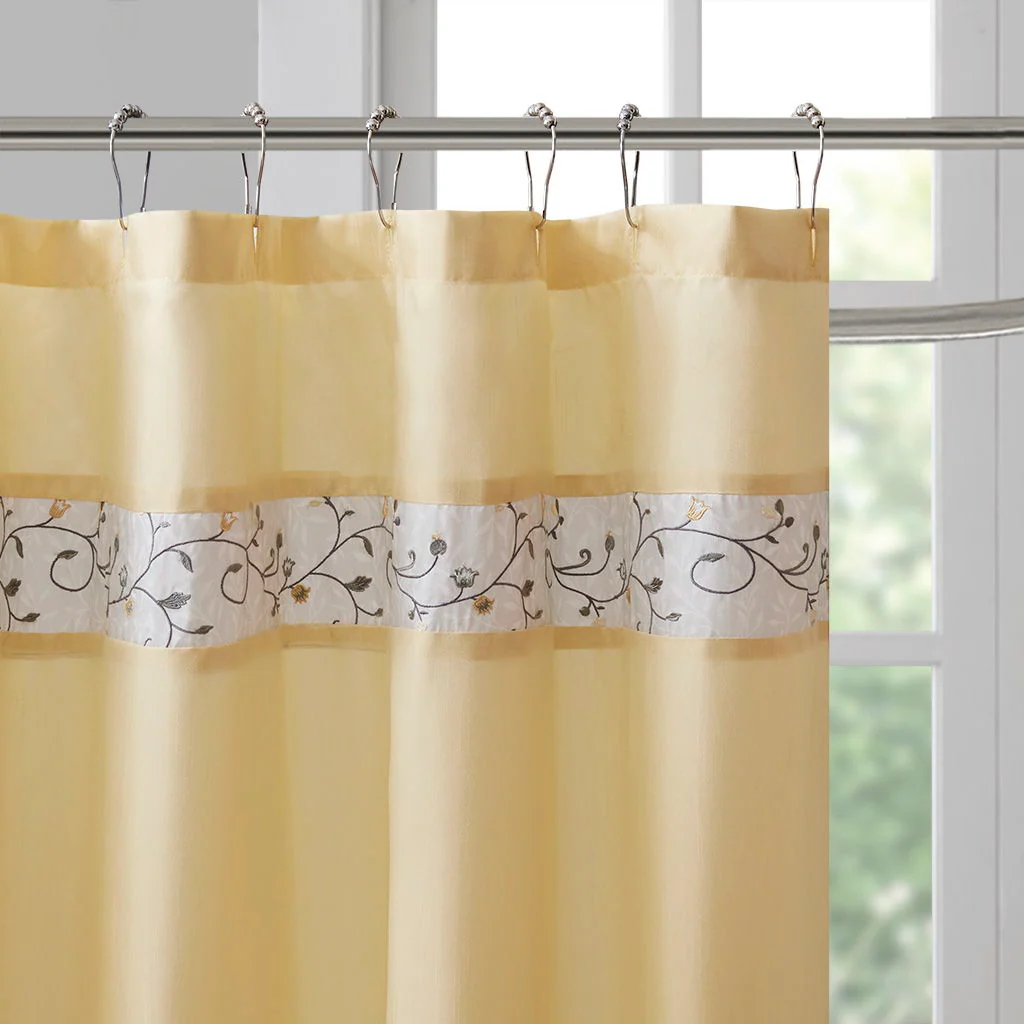 Serene - Embroidered Floral Shower Curtain - Yellow - Image 3