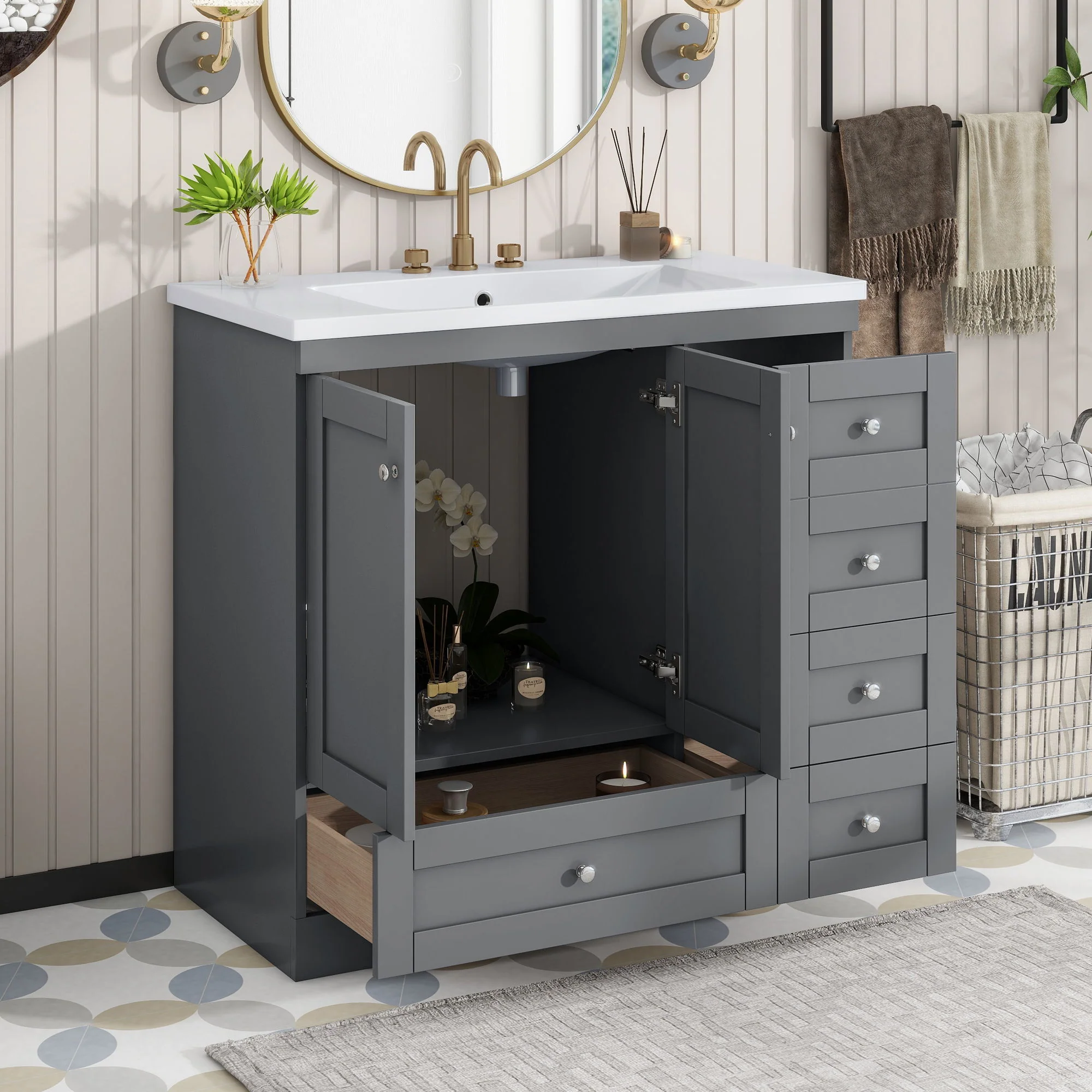 Shaker Free Standing Bathroom Vanity Cabinet With Sink, Soft Close Drawers, Soft Close Doors - Image 14