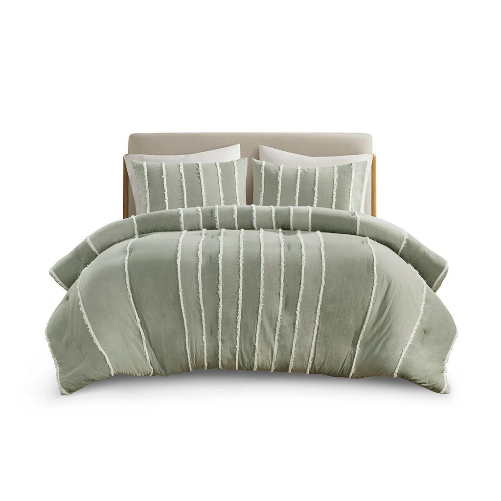 Shay - 3 Piece Striped Cotton Comforter Set - Sage - Image 4