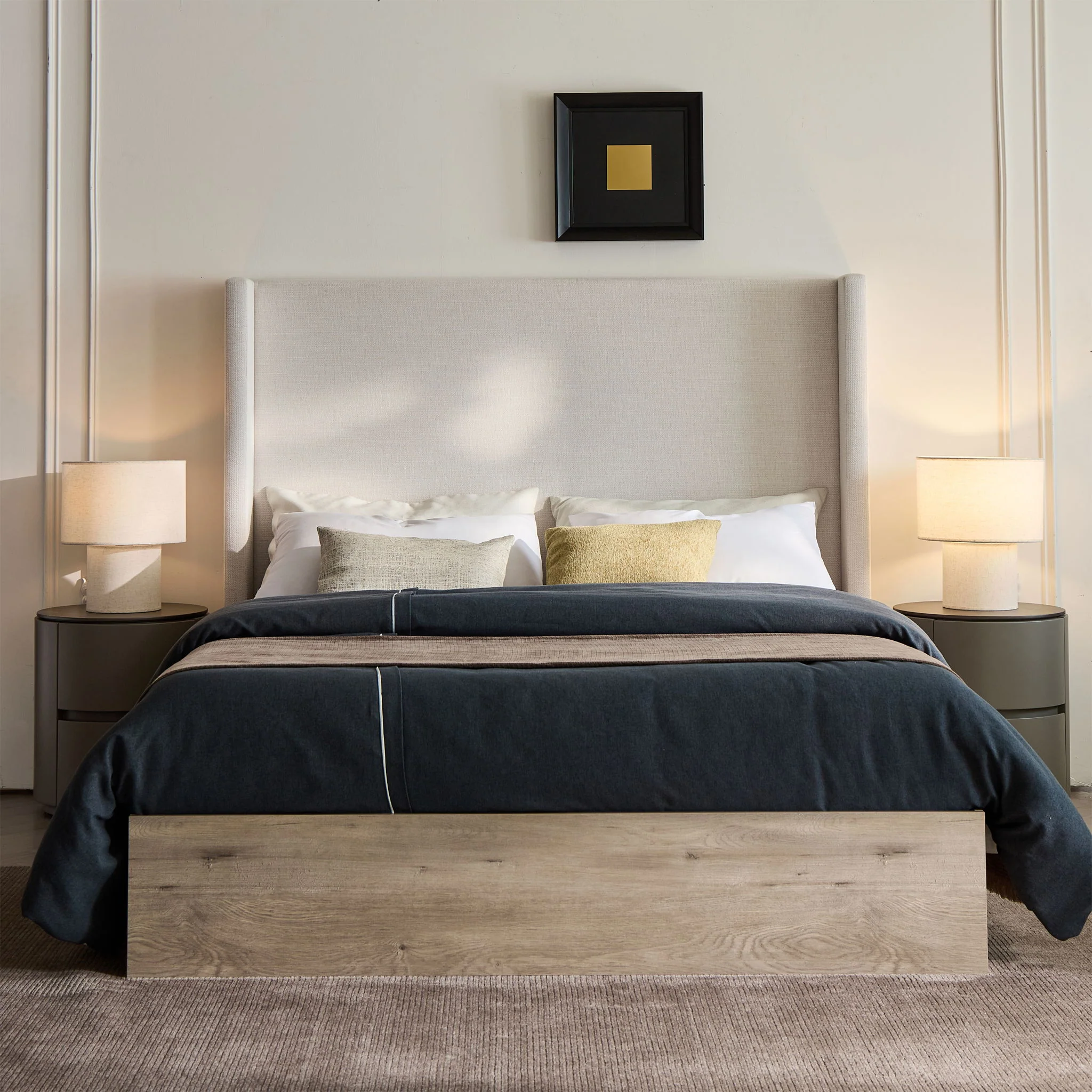 Shelton - Queen Upholstered Wingback Bed With 54" High Headboard - Ivory / Light Gray / Camel Oak - Image 4