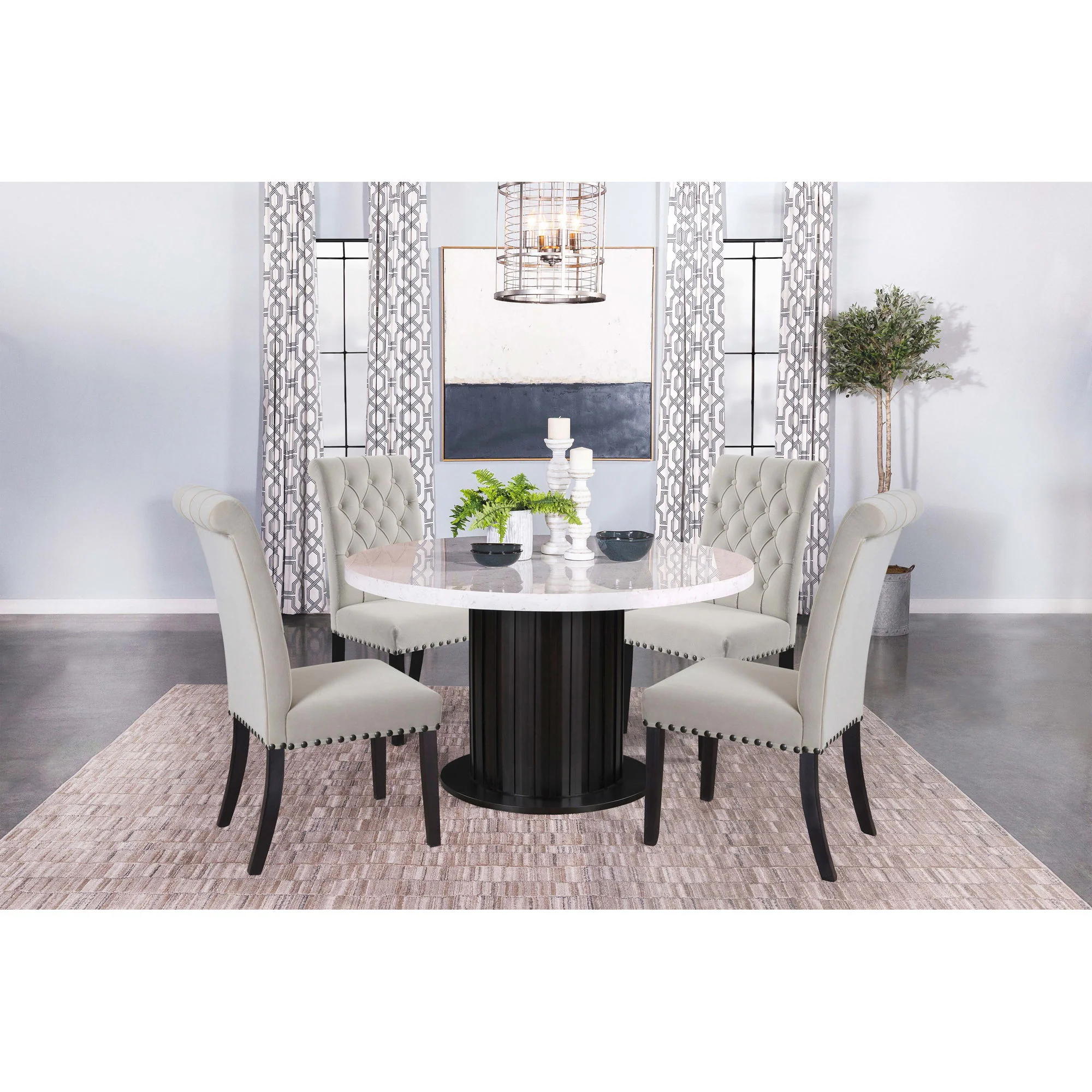 Sherry - 5 Piece Round Dining Table Set With Linen Like Upholstered Chairs - Sand - Image 4