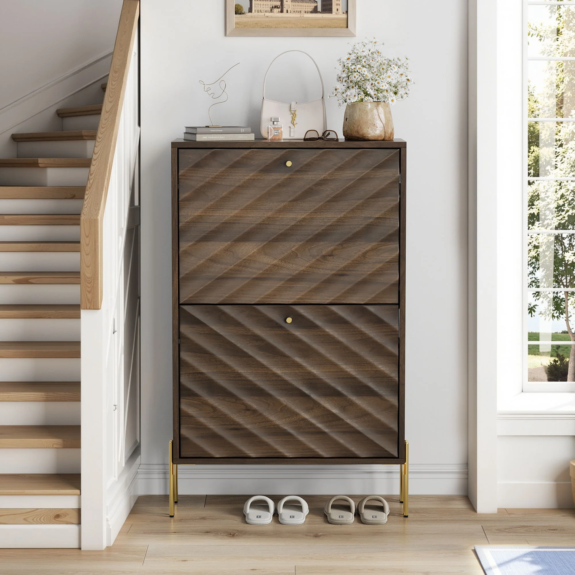 Shoe Cabinet, Freestanding Organizer For Entryway - Walnut - Image 2