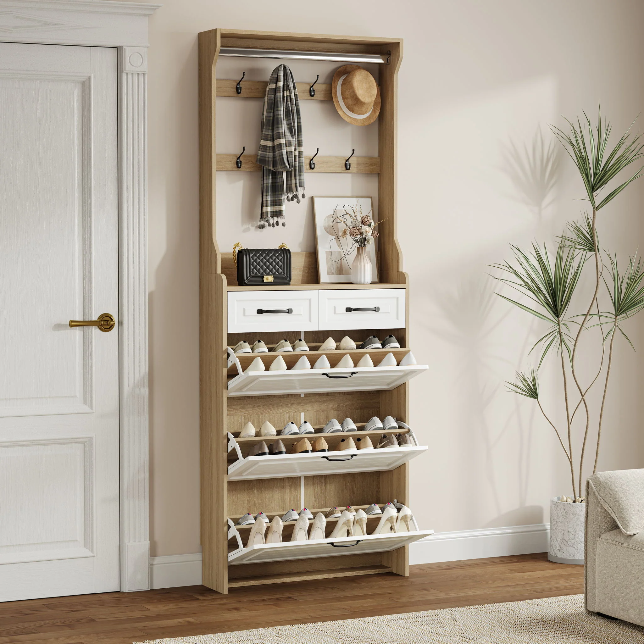 Shoe Cabinet With 3 Doors 2 Drawers With Hanger, Door With Shape, Large Space For Storage - Image 4