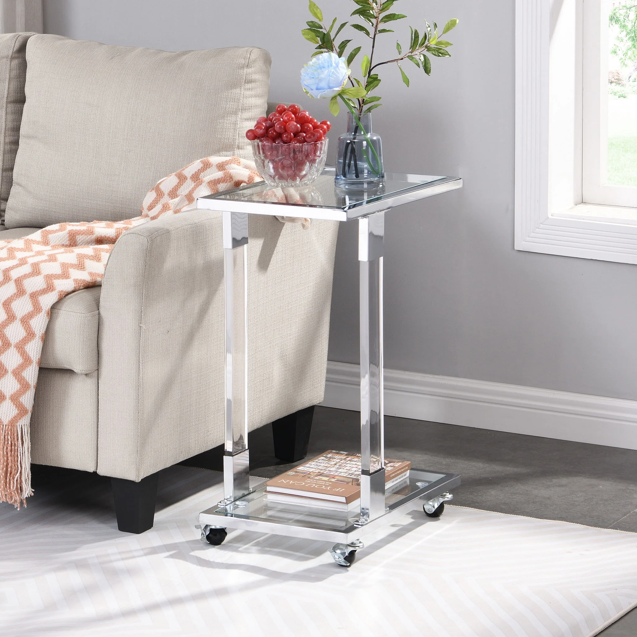 Side Table, Sofa Table, Glass Top C Shape Square Table With Metal Base For Living Room, Bedroom, Balcony Home And Office - Image 6