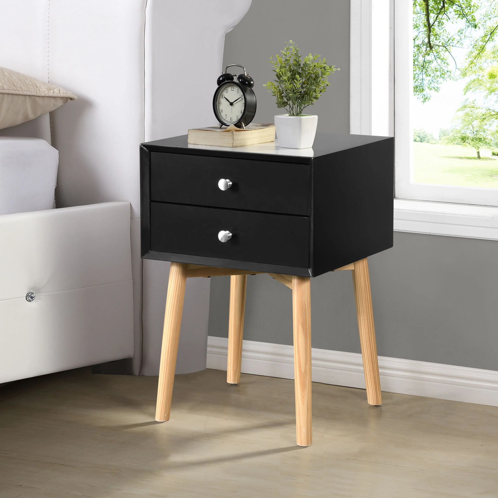 Side Table With 2 Drawer, Mid-Century Modern Storage Cabinet For Bedroom - Image 3