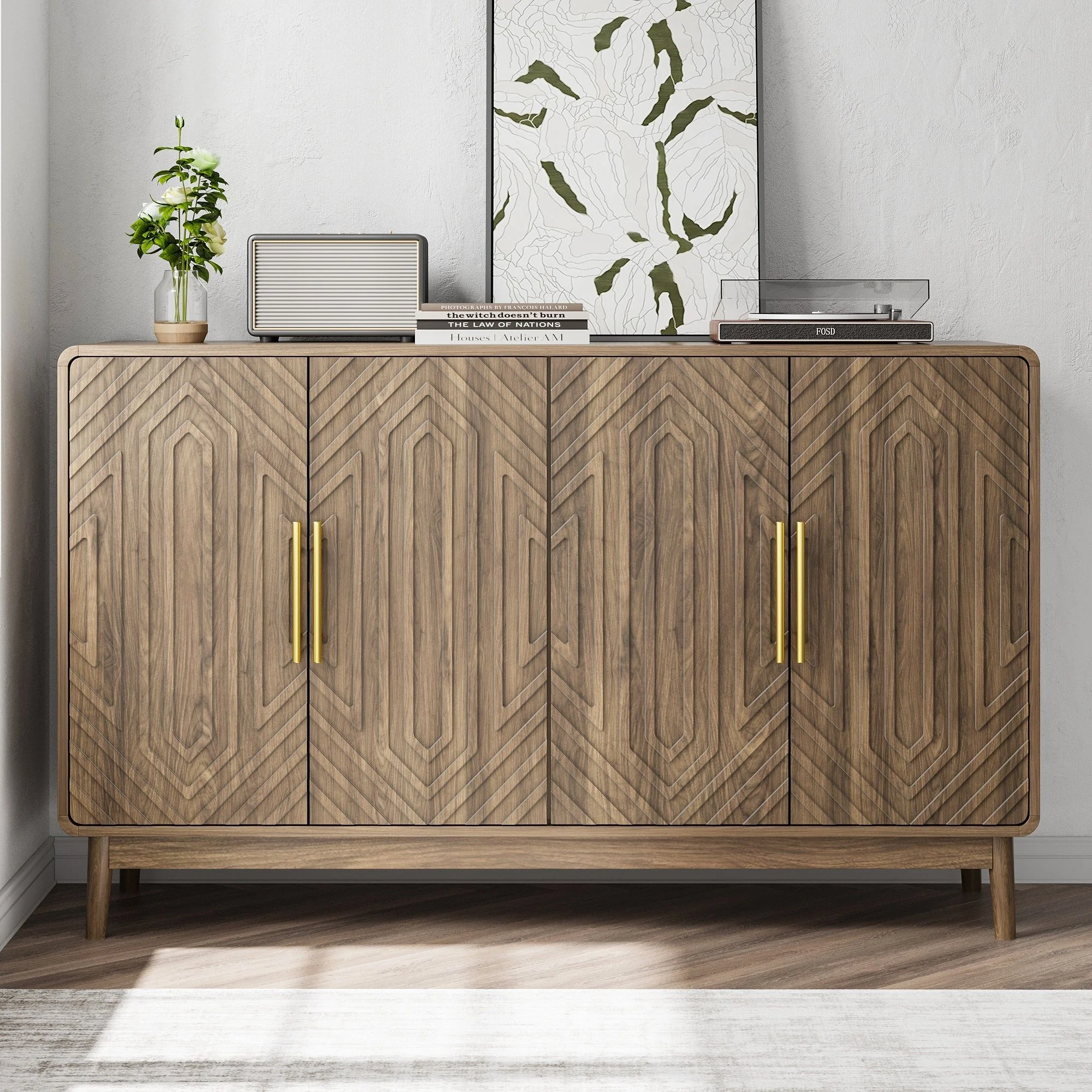 Sideboard Buffet Cabinet With Carved Doors And Adjustable Layer Board - Image 5